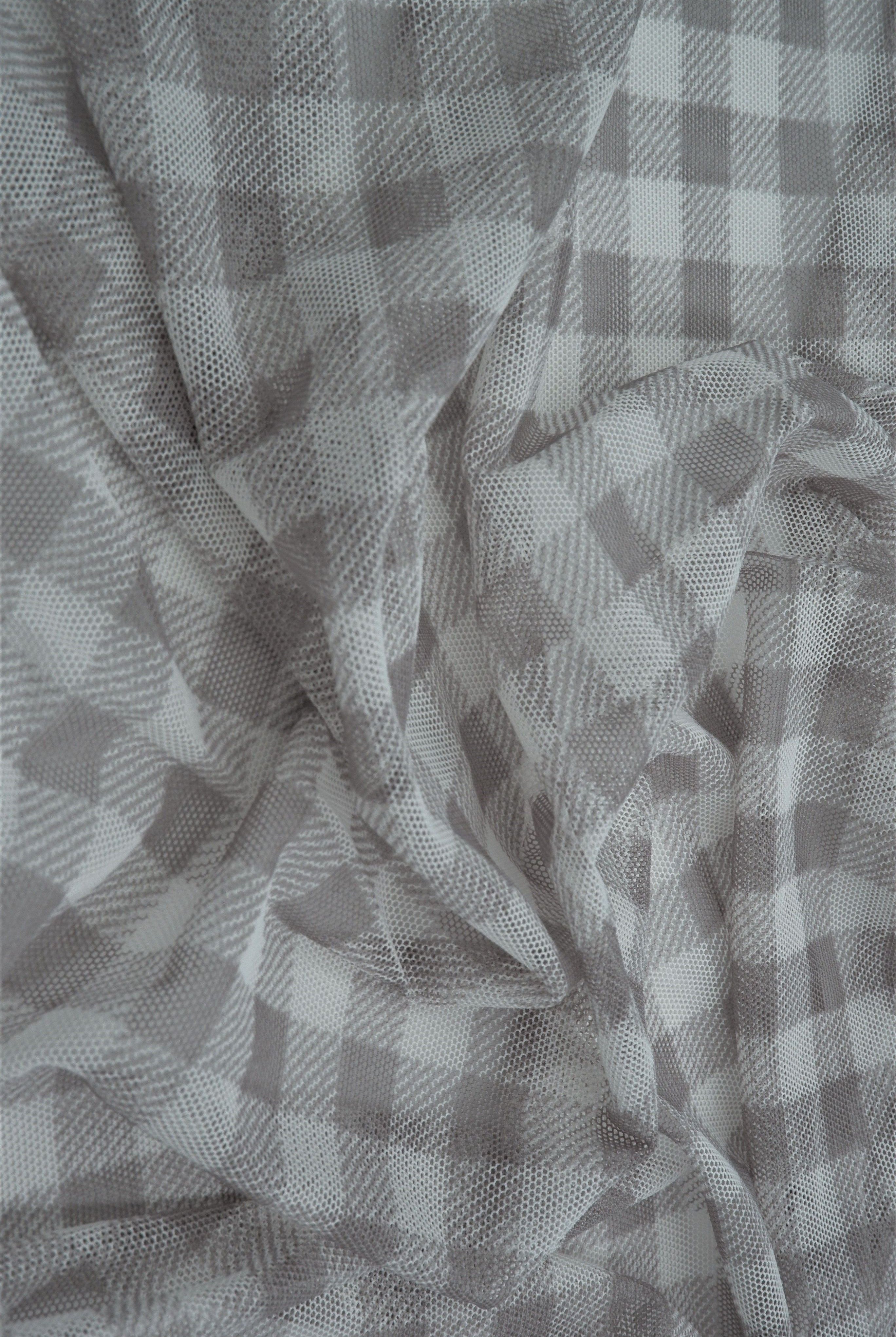 MESH-DU1755 GREY/IVORY BLOUSE BODYSUIT CAMI CHECKERED FLOCKING GINGHAM LOUNGEWEAR MESH PLAID POLYESTER PRINT SPANDEX STRETCH TOPS TUNICS