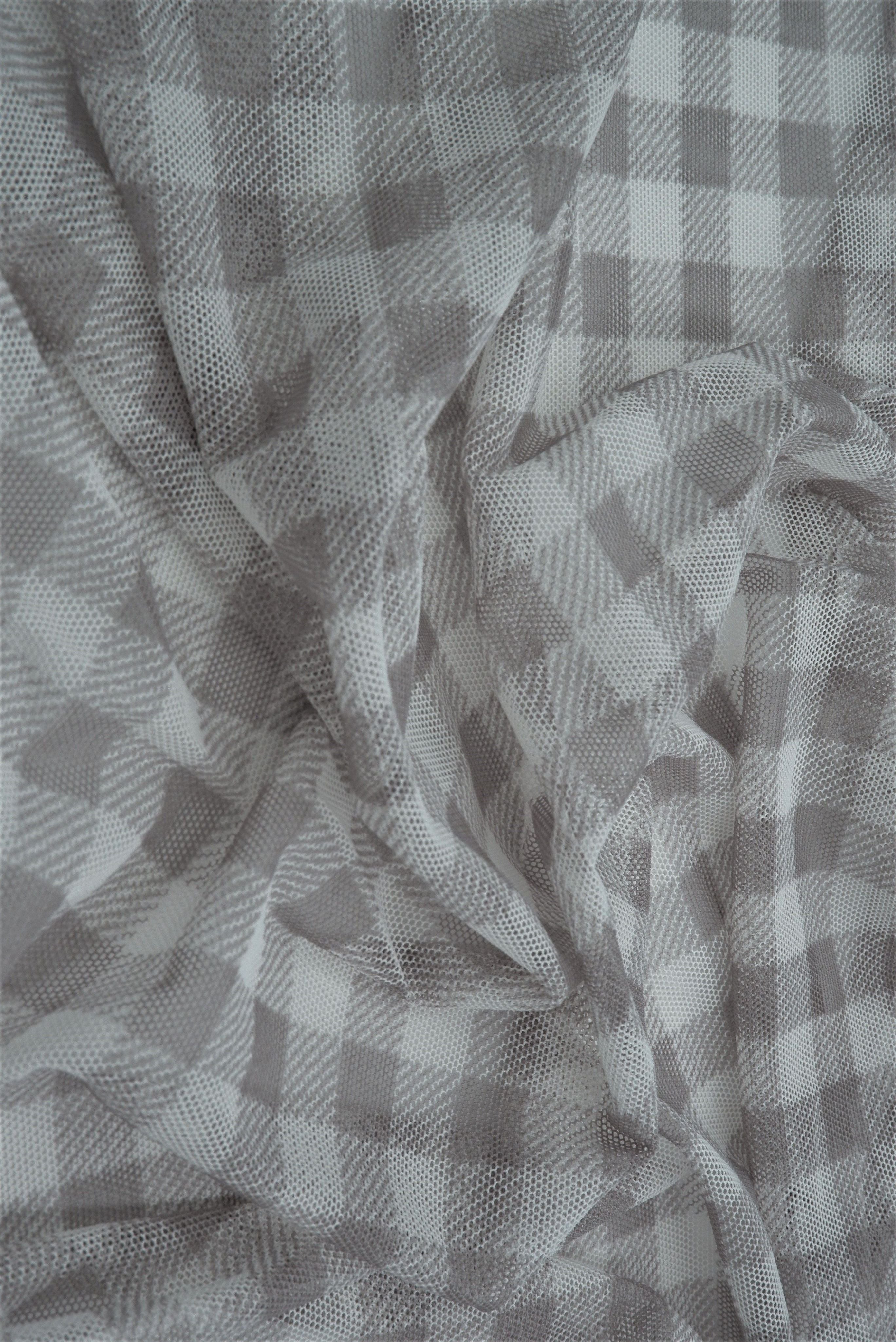 MESH-DU1755 GREY/IVORY BLOUSE BODYSUIT CAMI CHECKERED FLOCKING GINGHAM LOUNGEWEAR MESH PLAID POLYESTER PRINT SPANDEX STRETCH TOPS TUNICS