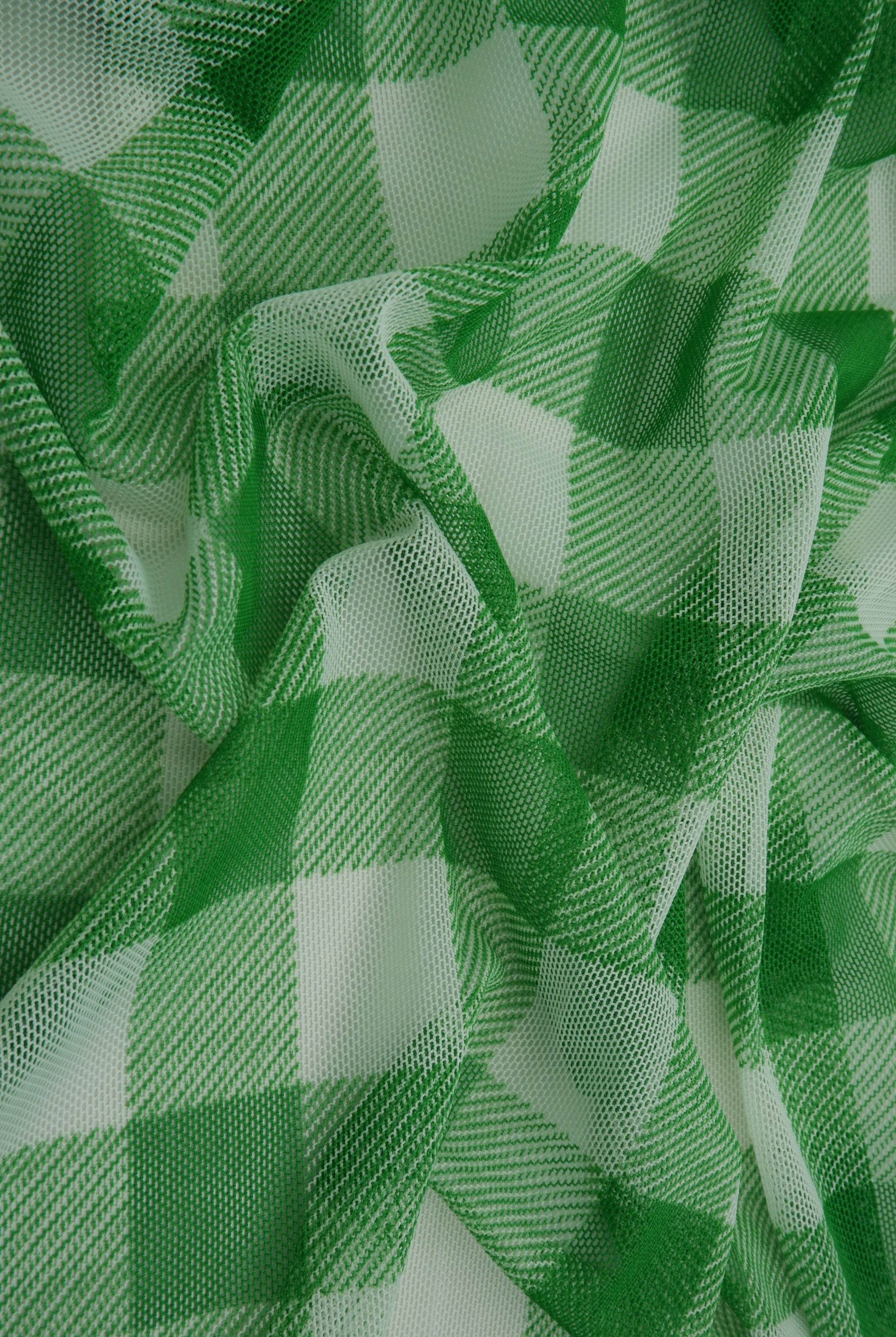 MESH-SE902140 GREEN/WHT BLOUSE BODYSUIT CAMI CHECKERED FLOCKING GINGHAM LOUNGEWEAR MESH PLAID POLYESTER PRINT SPANDEX STRETCH TOPS TUNICS