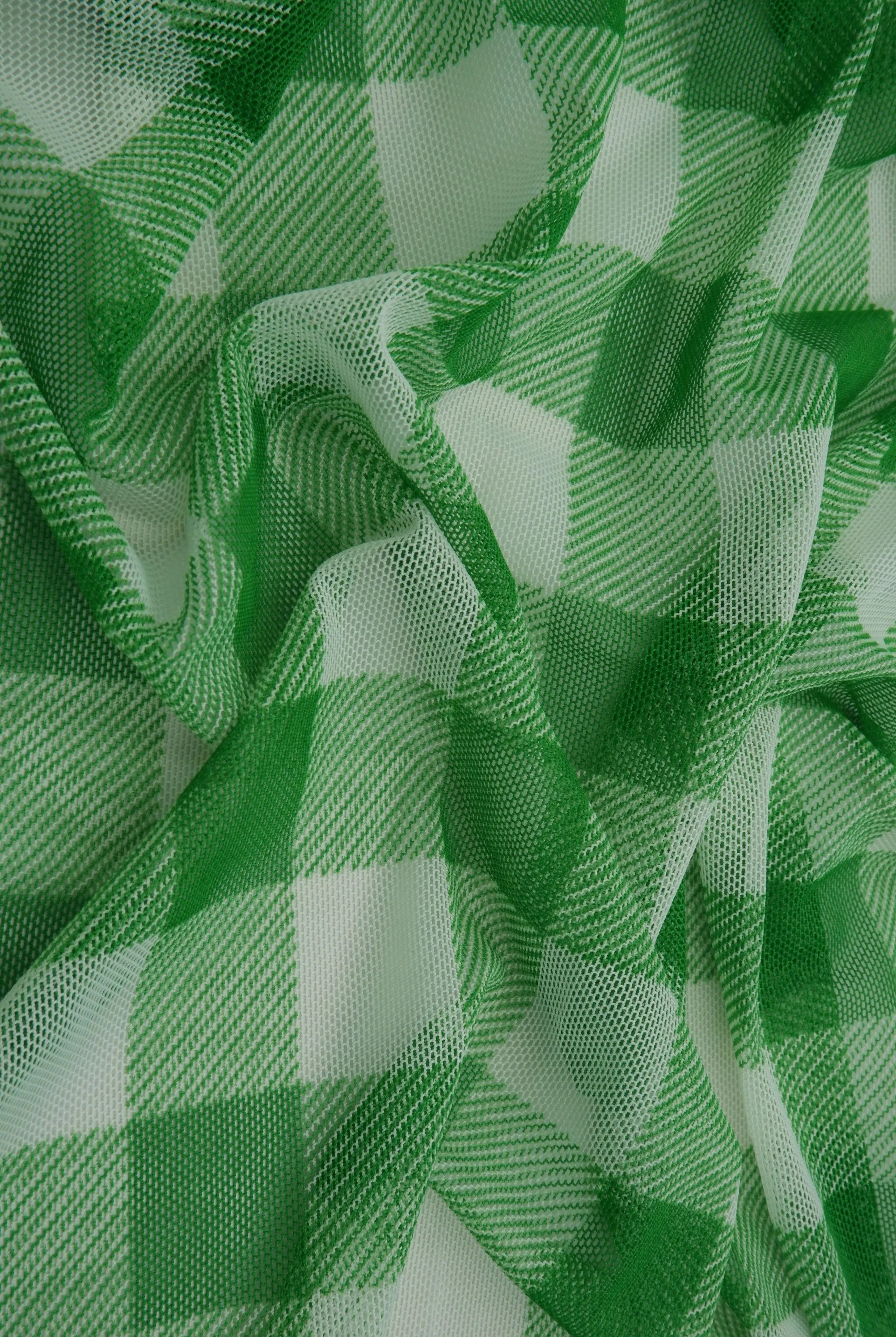 MESH-SE902140 GREEN/WHT BLOUSE BODYSUIT CAMI CHECKERED FLOCKING GINGHAM LOUNGEWEAR MESH PLAID POLYESTER PRINT SPANDEX STRETCH TOPS TUNICS