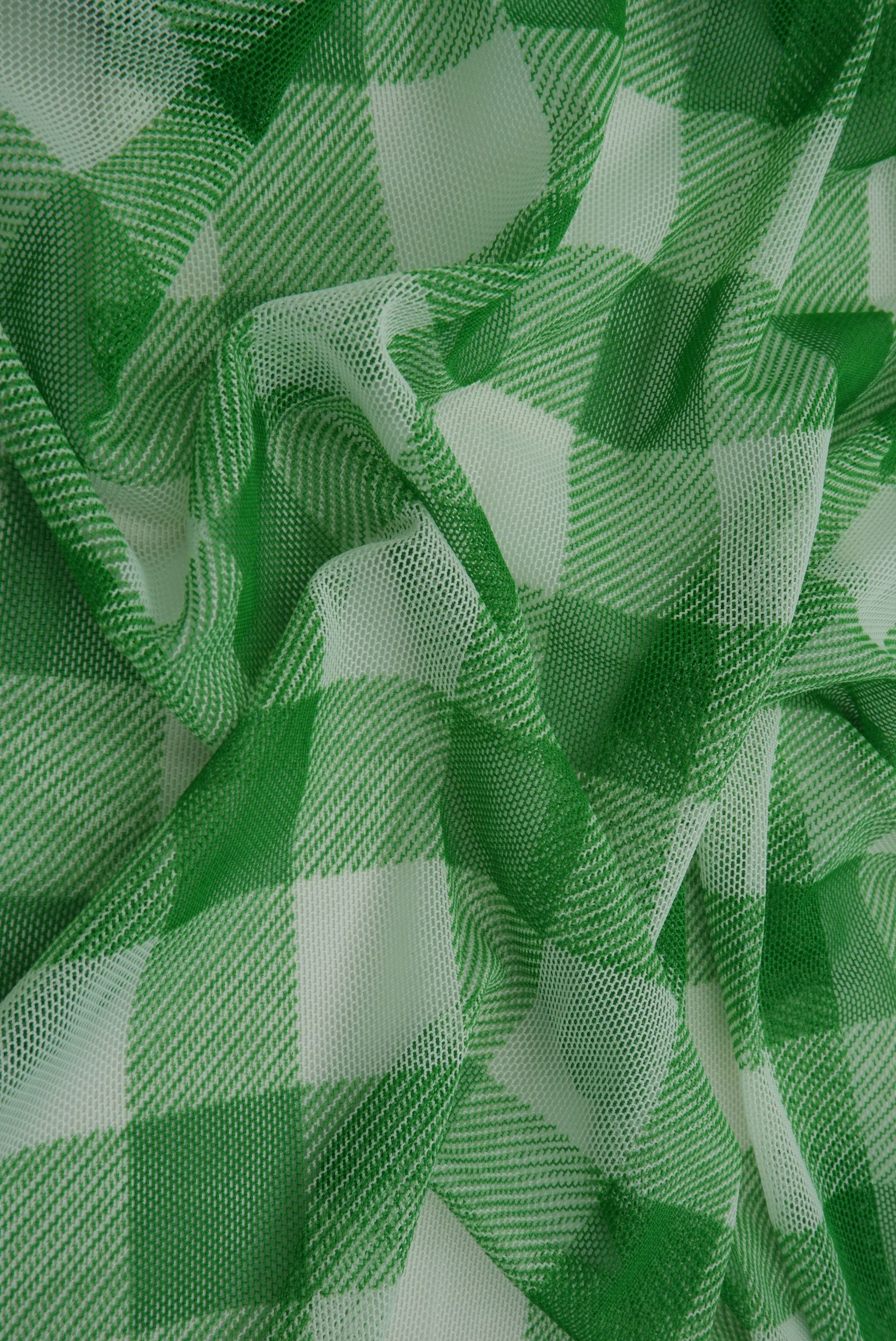 MESH-SE902140 GREEN/WHT BLOUSE BODYSUIT CAMI CHECKERED FLOCKING GINGHAM LOUNGEWEAR MESH PLAID POLYESTER PRINT SPANDEX STRETCH TOPS TUNICS