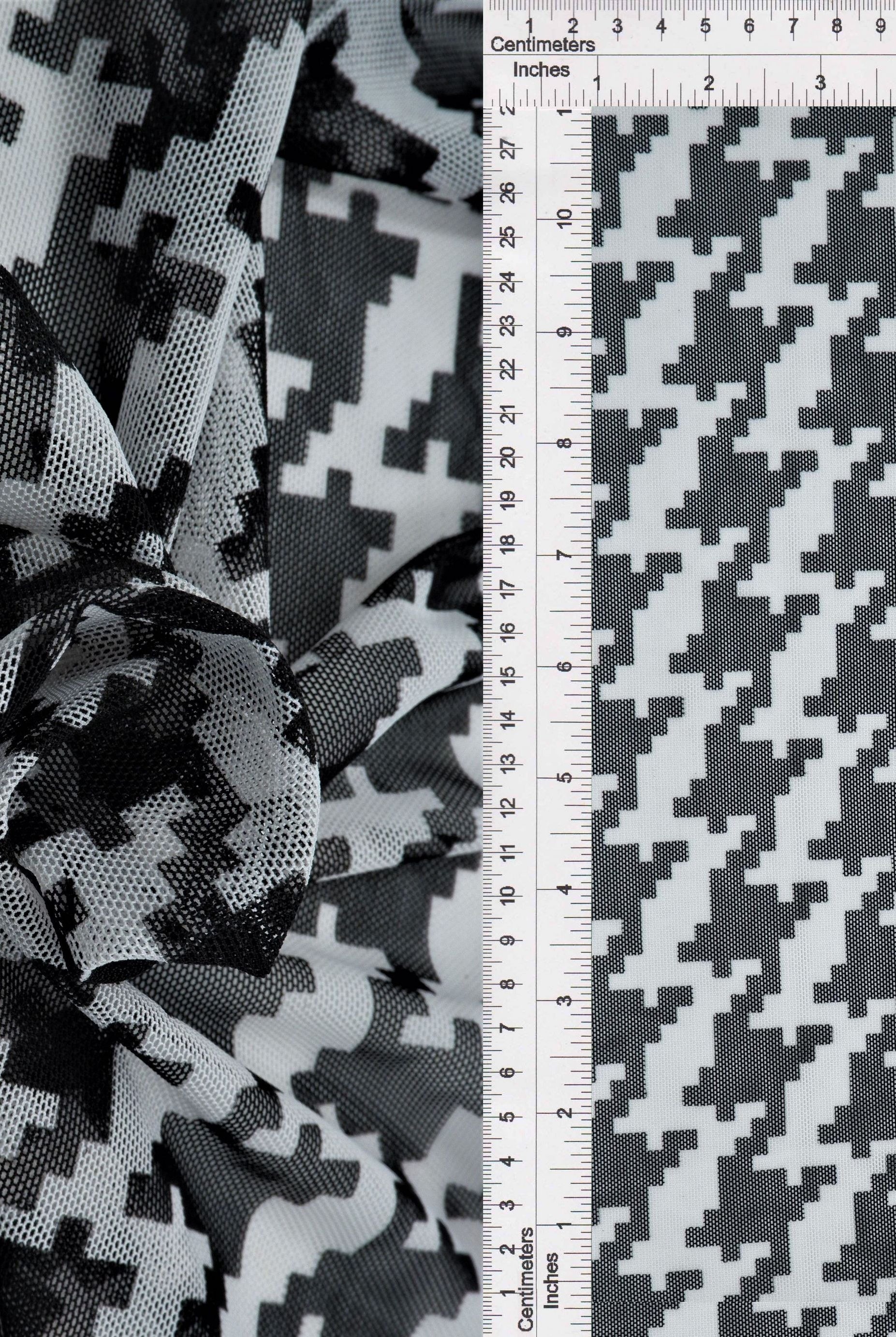 MESH-DU489 BLK/IVORY BLACK BLOUSE BODYSUIT CAMI FLOCKING HOUNDSTOOTH IVORY LOUNGEWEAR MESH POLYESTER PRINT SPANDEX STRETCH TOPS TUNICS