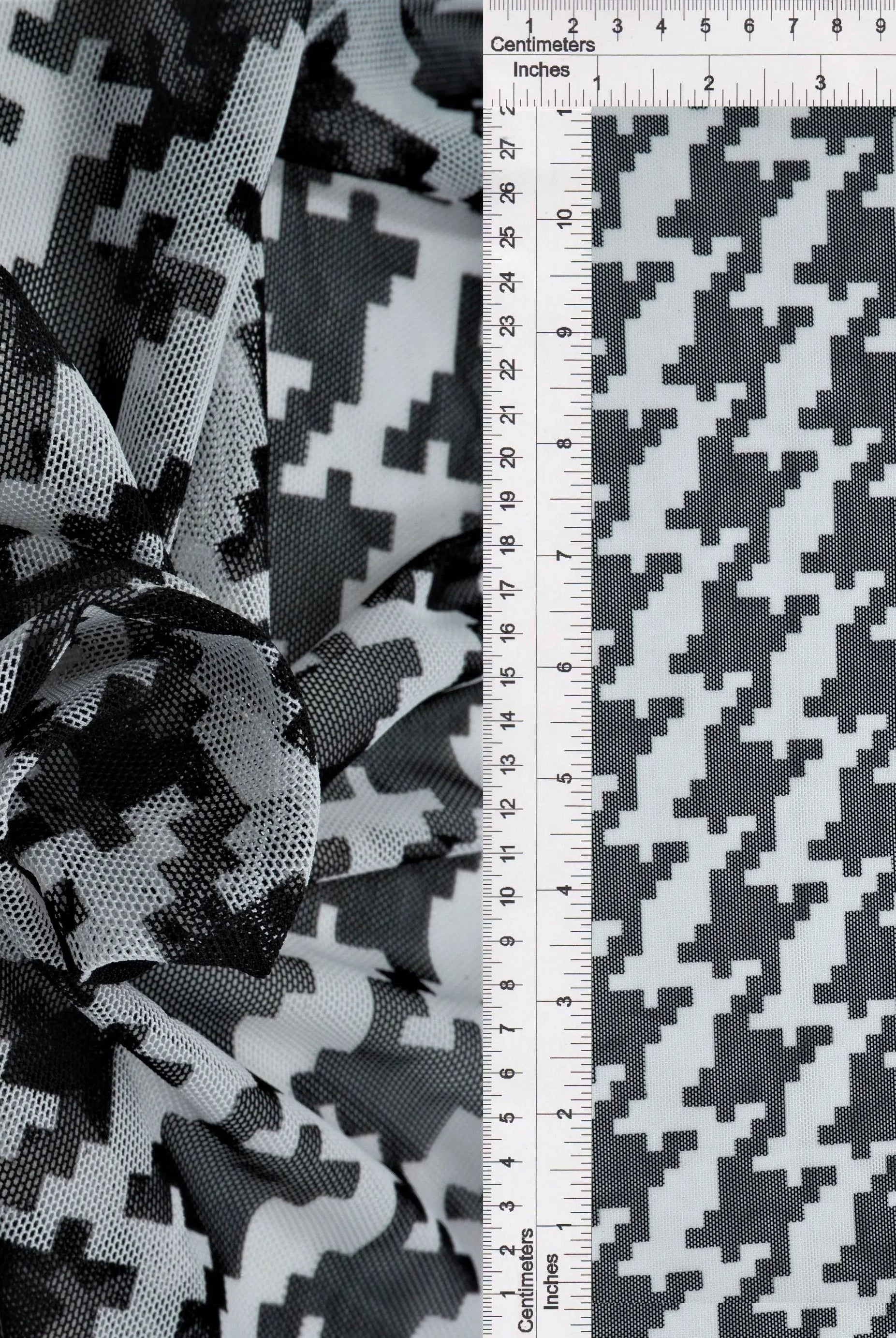 MESH-DU489 BLK/IVORY BLACK BLOUSE BODYSUIT CAMI FLOCKING HOUNDSTOOTH IVORY LOUNGEWEAR MESH POLYESTER PRINT SPANDEX STRETCH TOPS TUNICS