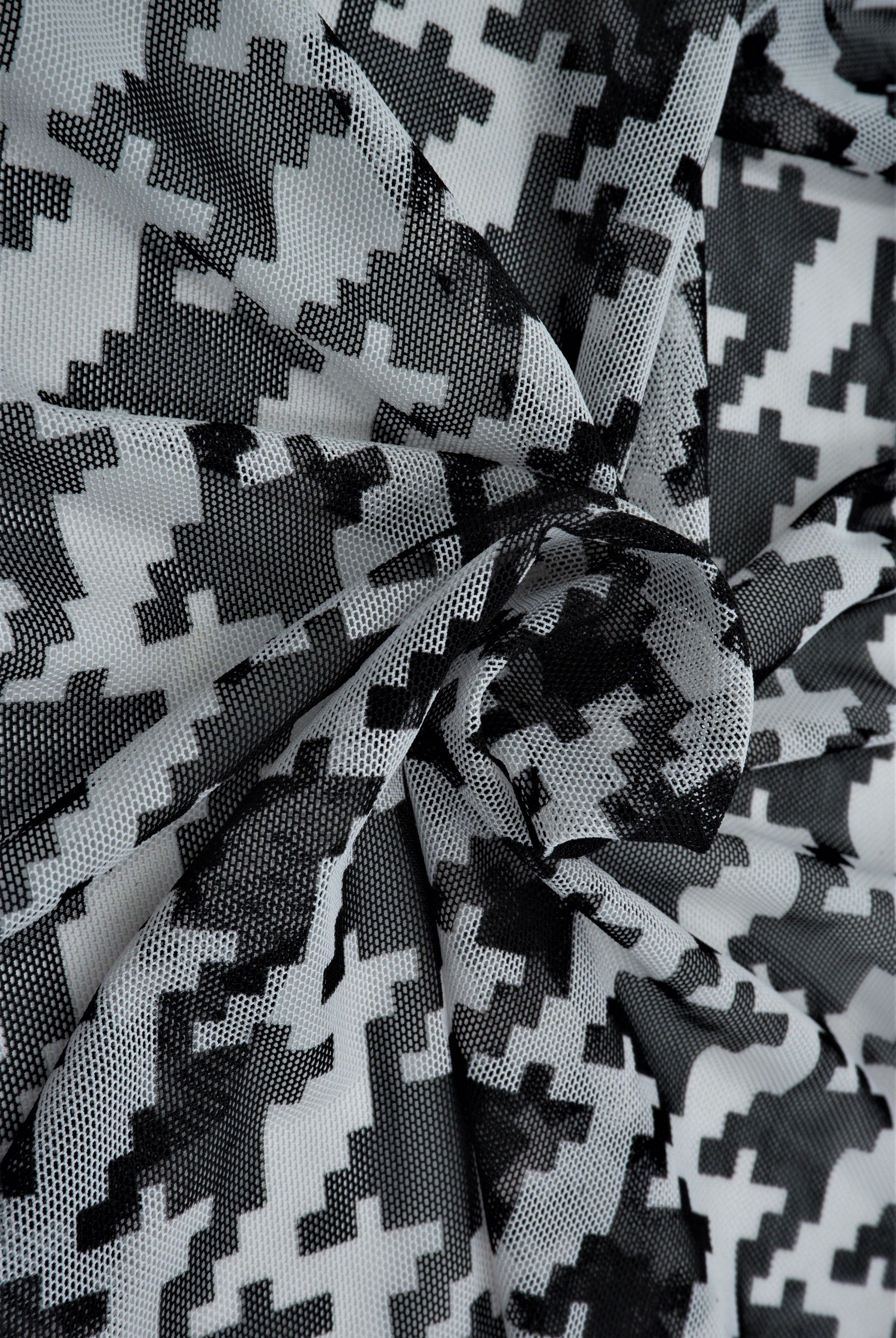 MESH-DU489 BLK/IVORY BLACK BLOUSE BODYSUIT CAMI FLOCKING HOUNDSTOOTH IVORY LOUNGEWEAR MESH POLYESTER PRINT SPANDEX STRETCH TOPS TUNICS