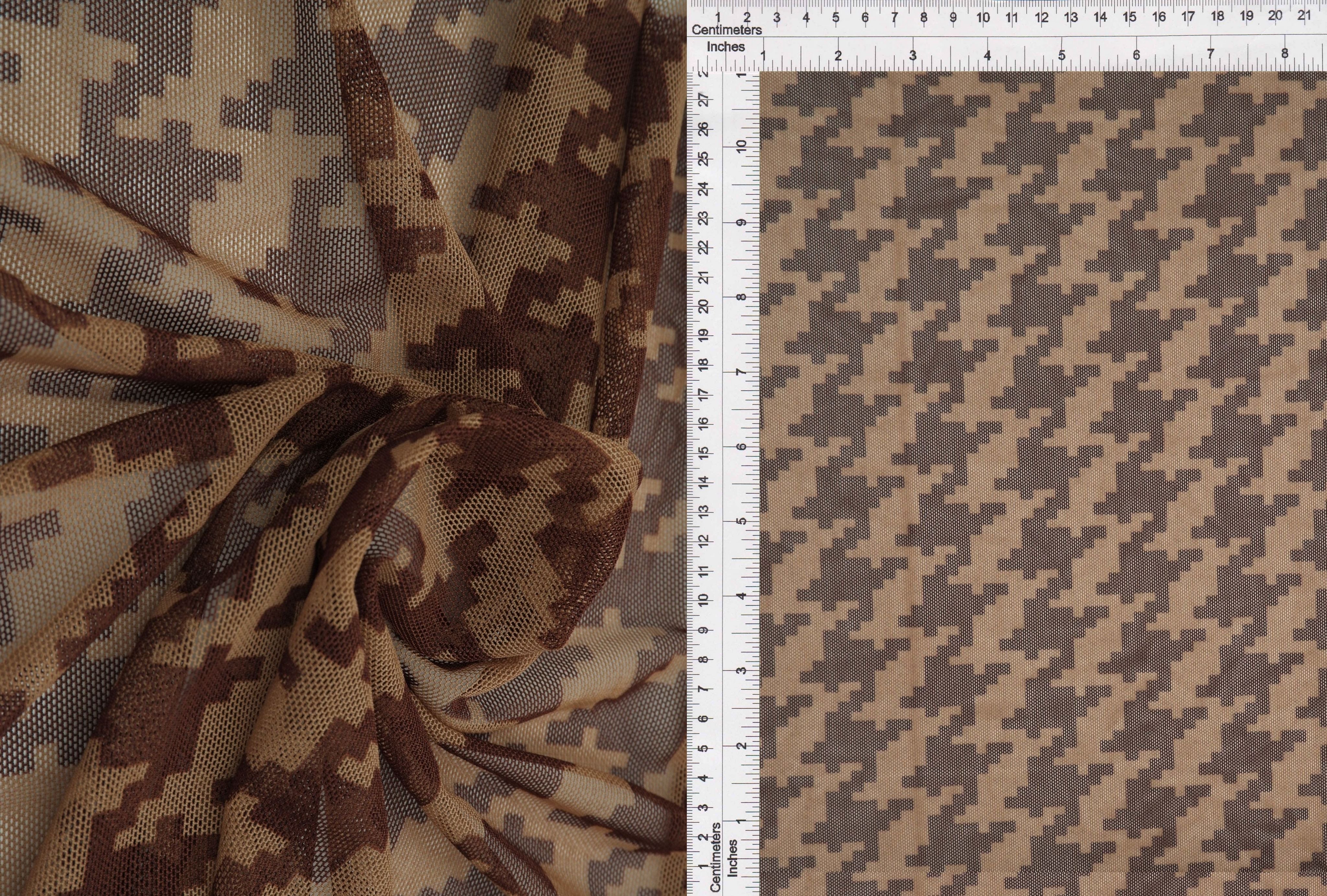 MESH-DU489 BROWN/TAUPE BLOUSE BODYSUIT BROWN CAMI FLOCKING HOUNDSTOOTH LOUNGEWEAR MESH POLYESTER PRINT SPANDEX STRETCH TOPS TUNICS