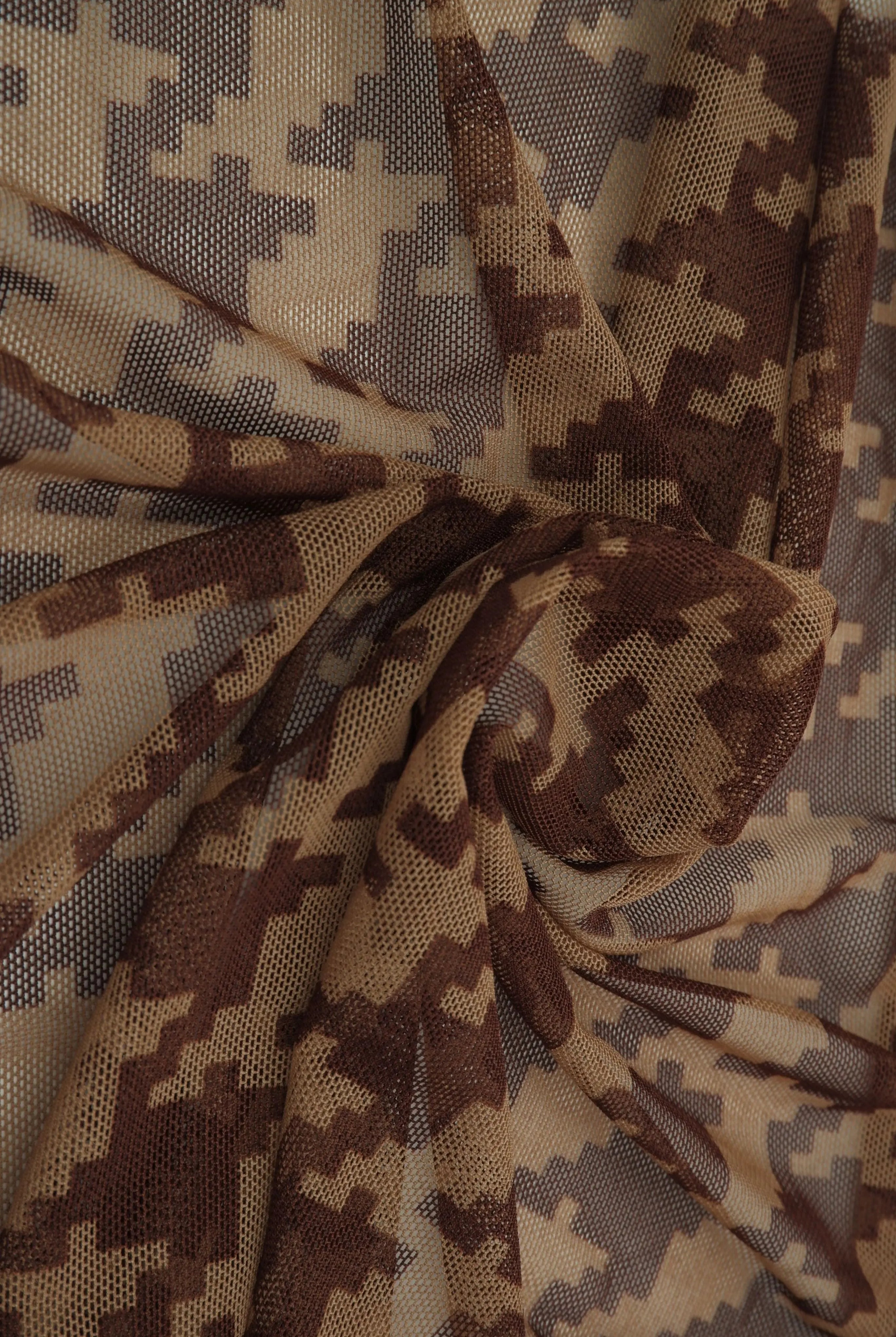 MESH-DU489 BROWN/TAUPE BLOUSE BODYSUIT BROWN CAMI FLOCKING HOUNDSTOOTH LOUNGEWEAR MESH POLYESTER PRINT SPANDEX STRETCH TOPS TUNICS