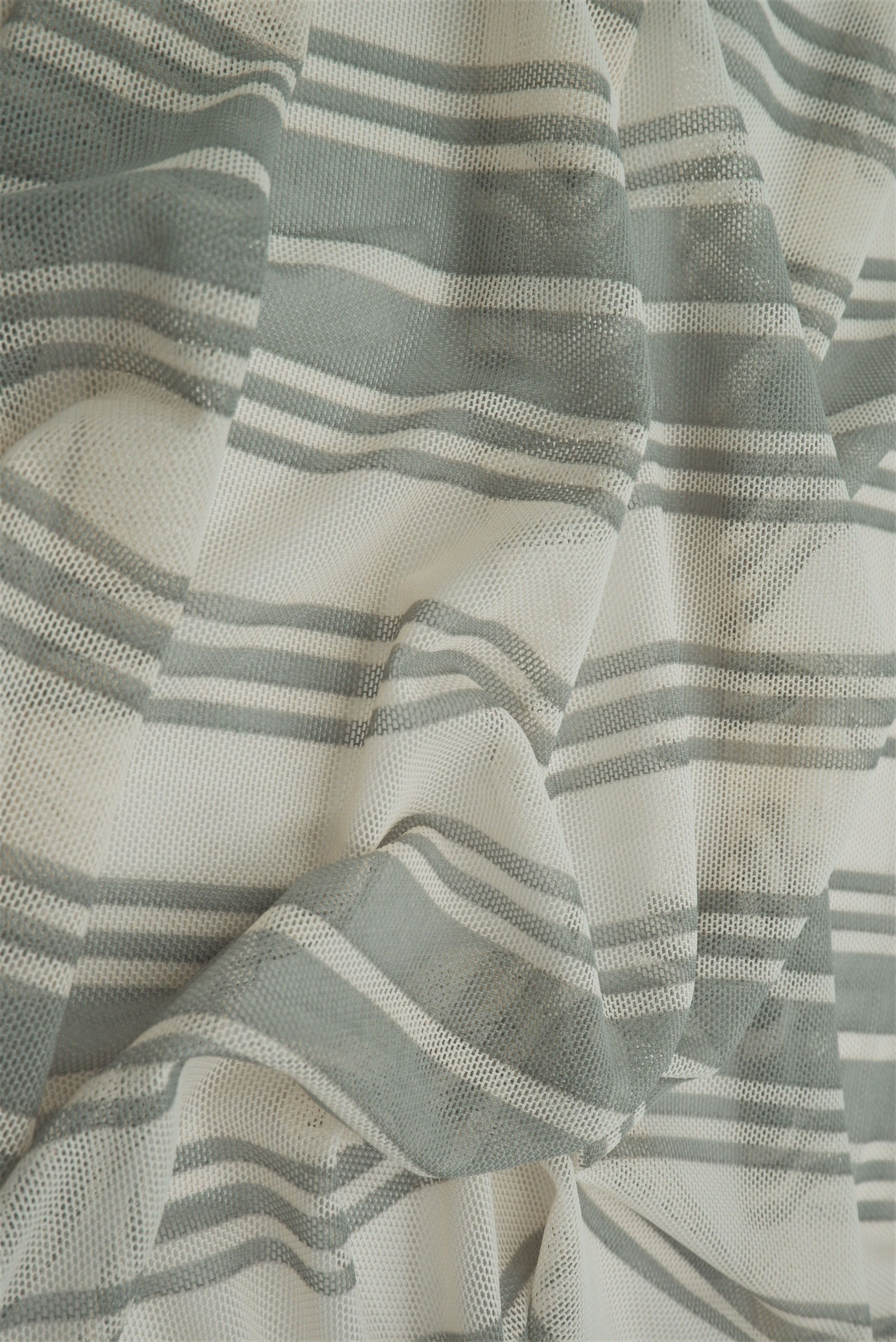 MESH-Q20212 IVORY/SILVER BLOUSE BODYSUIT CAMI FLOCKING HORIZONTAL STRIPE LOUNGEWEAR MESH POLYESTER PRINT SPANDEX STRETCH TOPS TUNICS