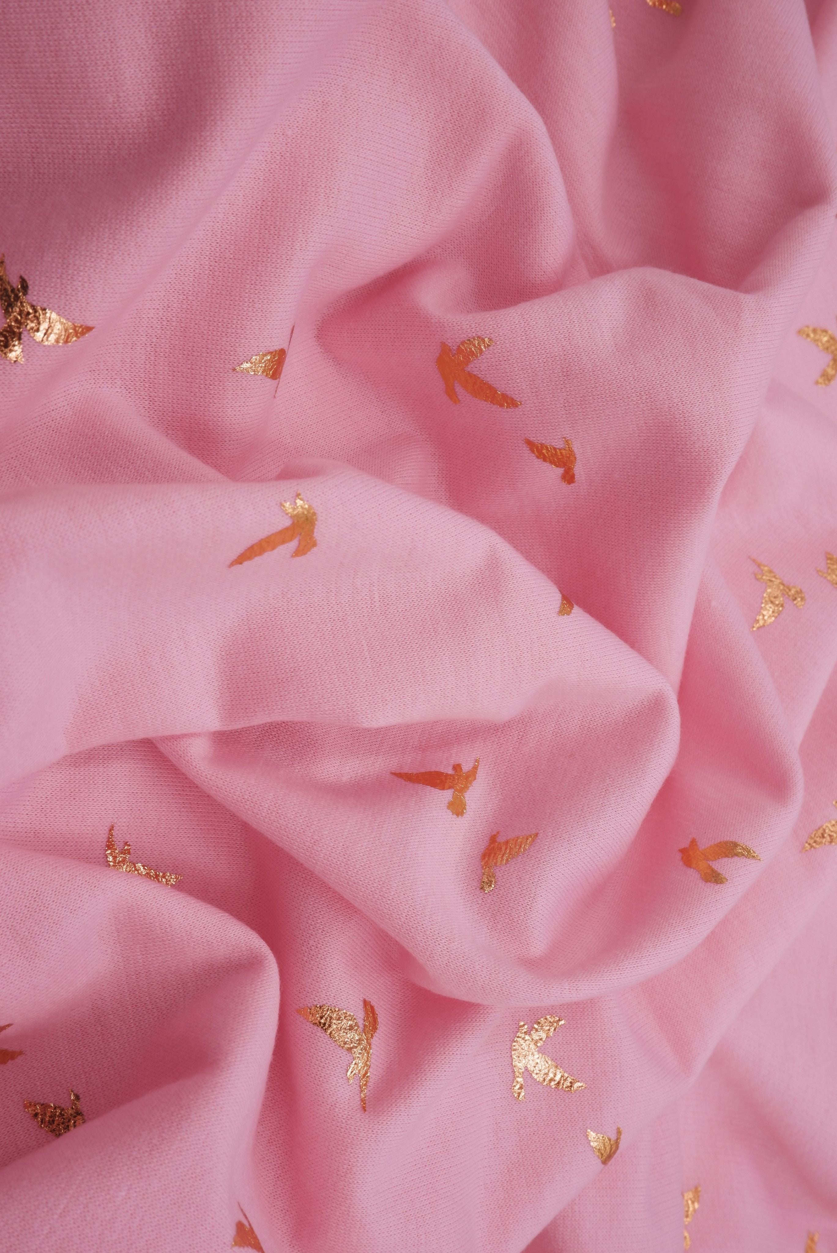 KNT3865-MS10121 PINK LT/GOLD FOIL BIRD BODYSUIT BOTTOMS CAMI DRESS FOIL FRENCH TERRY KNIT LOUNGEWEAR PANTS POLYESTER PRINT RAYON SKIRTS SPANDEX STRETCH SWEATER TOPS TUNICS