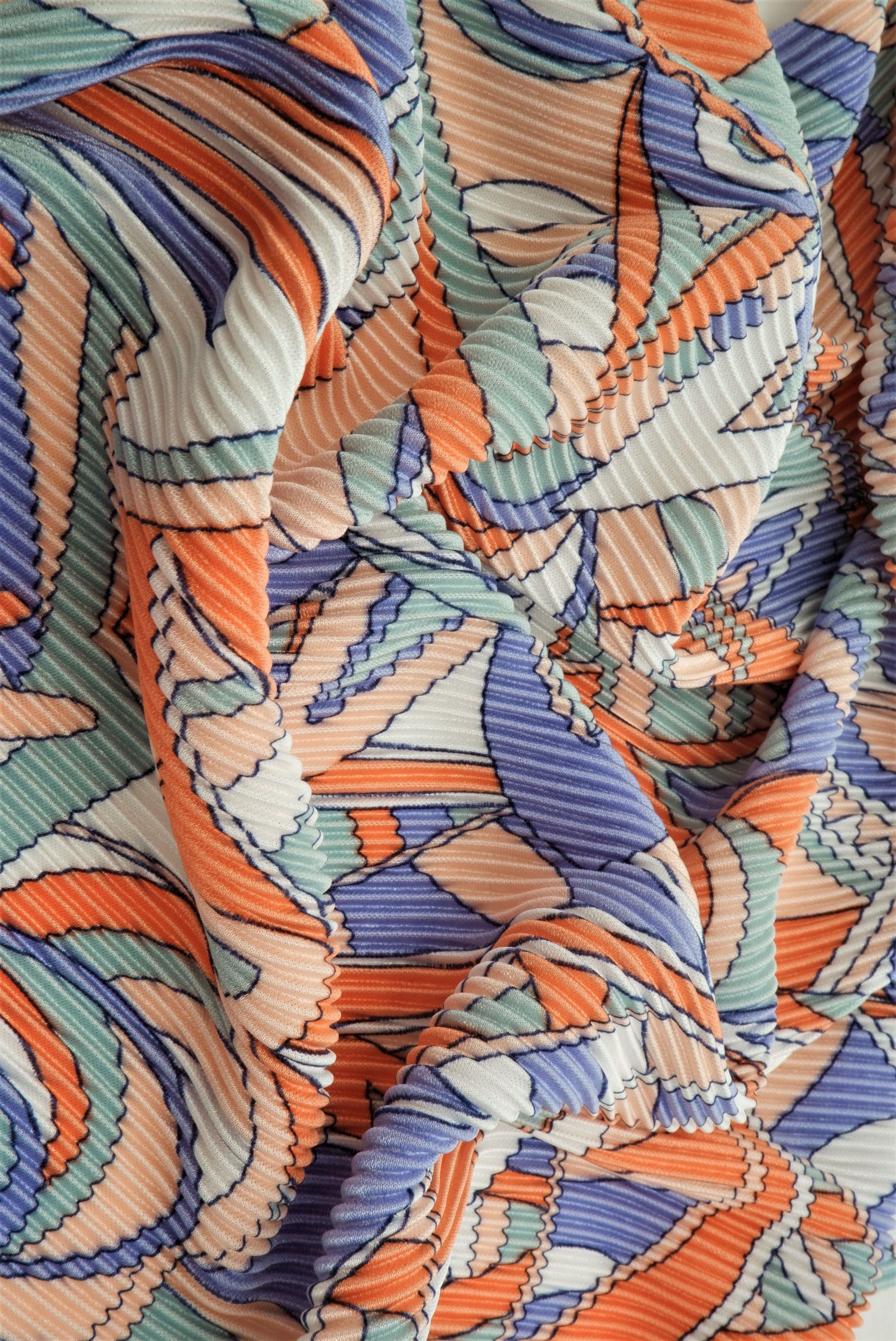 KNT3696-MS11052 ORANGE MULTI BLOUSE BODRE BODYSUIT BOTTOMS DRESS GEOMETRIC INTERLOCK KNIT PANTS PLEATED POLYESTER PRINT SKIRTS STRETCH TOPS