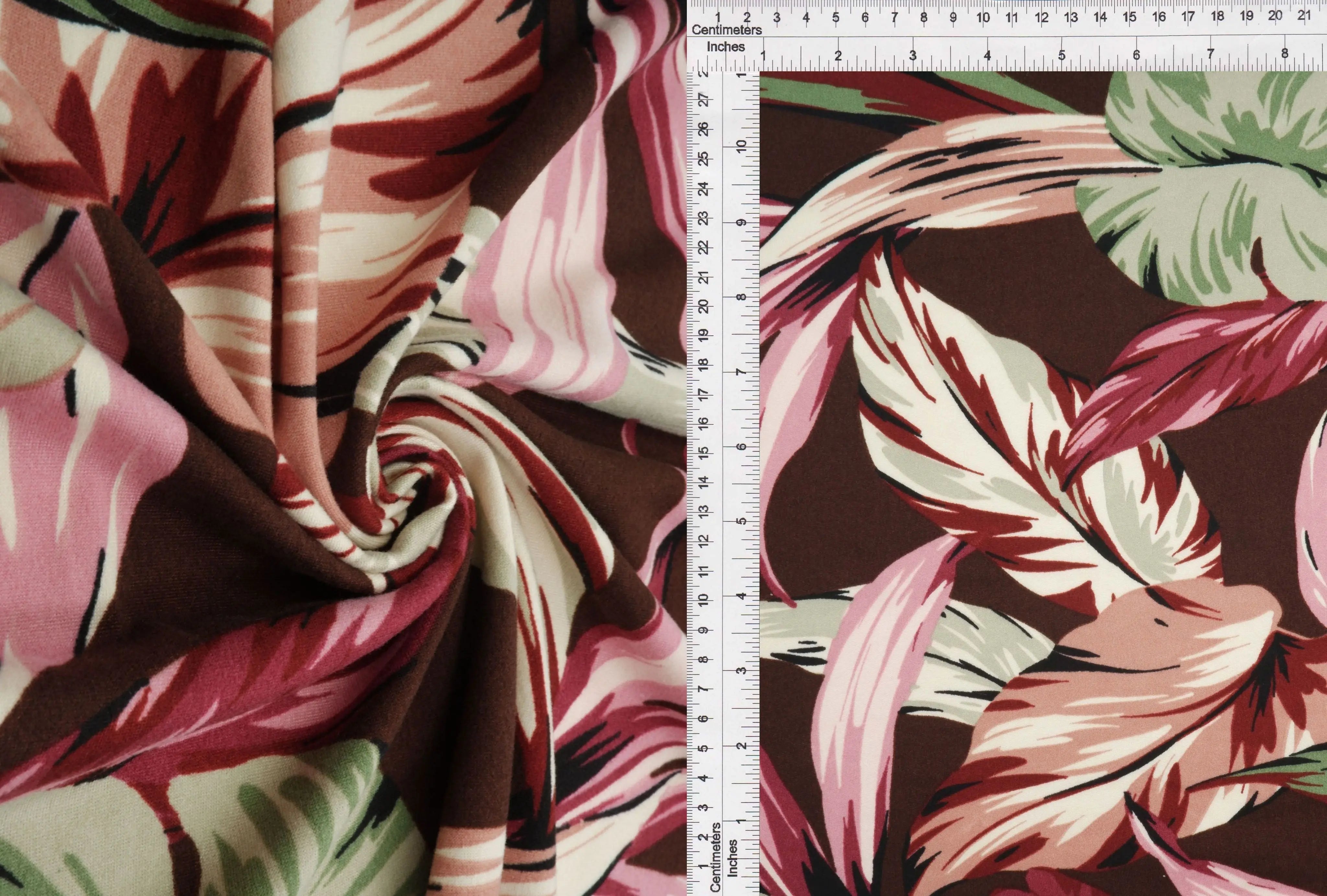 KNT2100-Q20503 BROWN BIKER SHORTS BODYSUIT BOTTOMS CAMI DRESS DTY BRUSHED KNIT LEAF POLYESTER PRINT SKIRTS SPANDEX STRETCH T-SHIRT TOPS