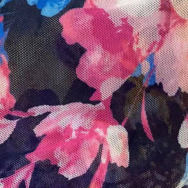 MESH-MS11278 NAVY BLOUSE BODYSUIT CAMI DIGITAL PRINT FLOCKING FLORAL FLOWER LOUNGEWEAR MESH POLYESTER SPANDEX STRETCH TOPS TUNICS
