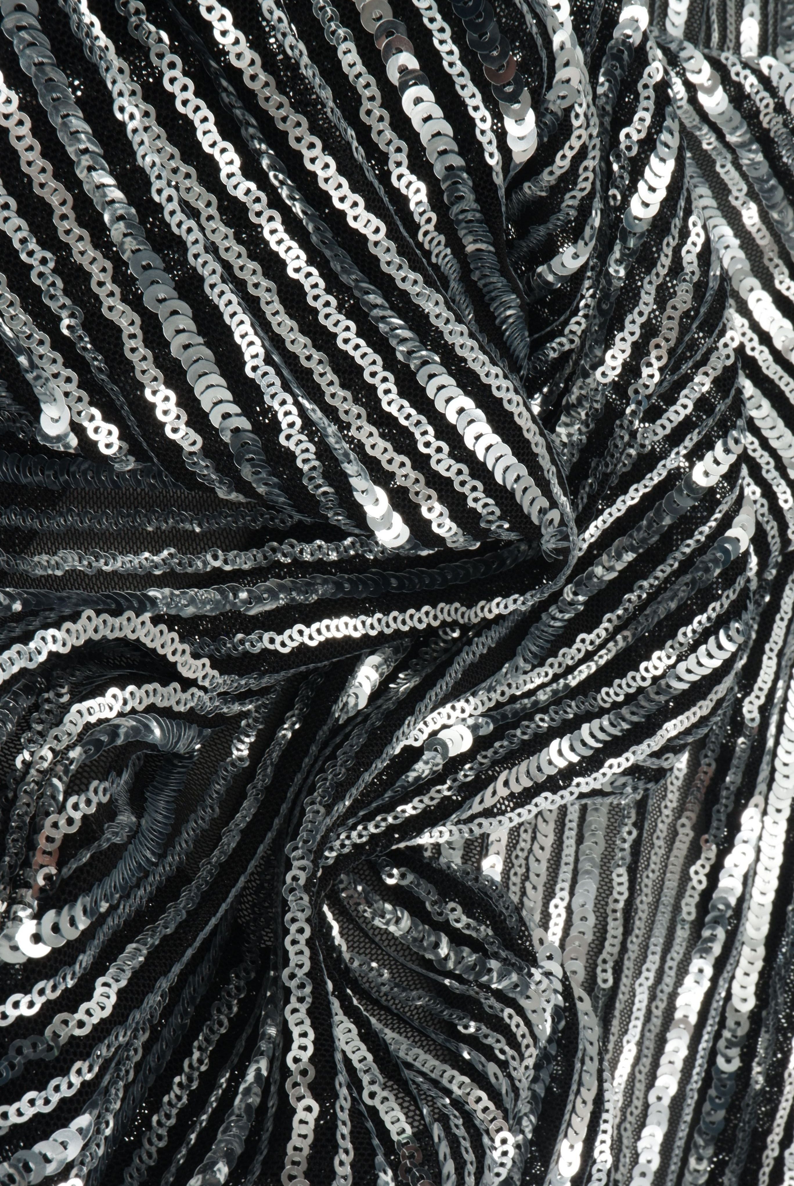 Black & Silver Sequin Embroidered Lace Knit Fabric - KNC-33544