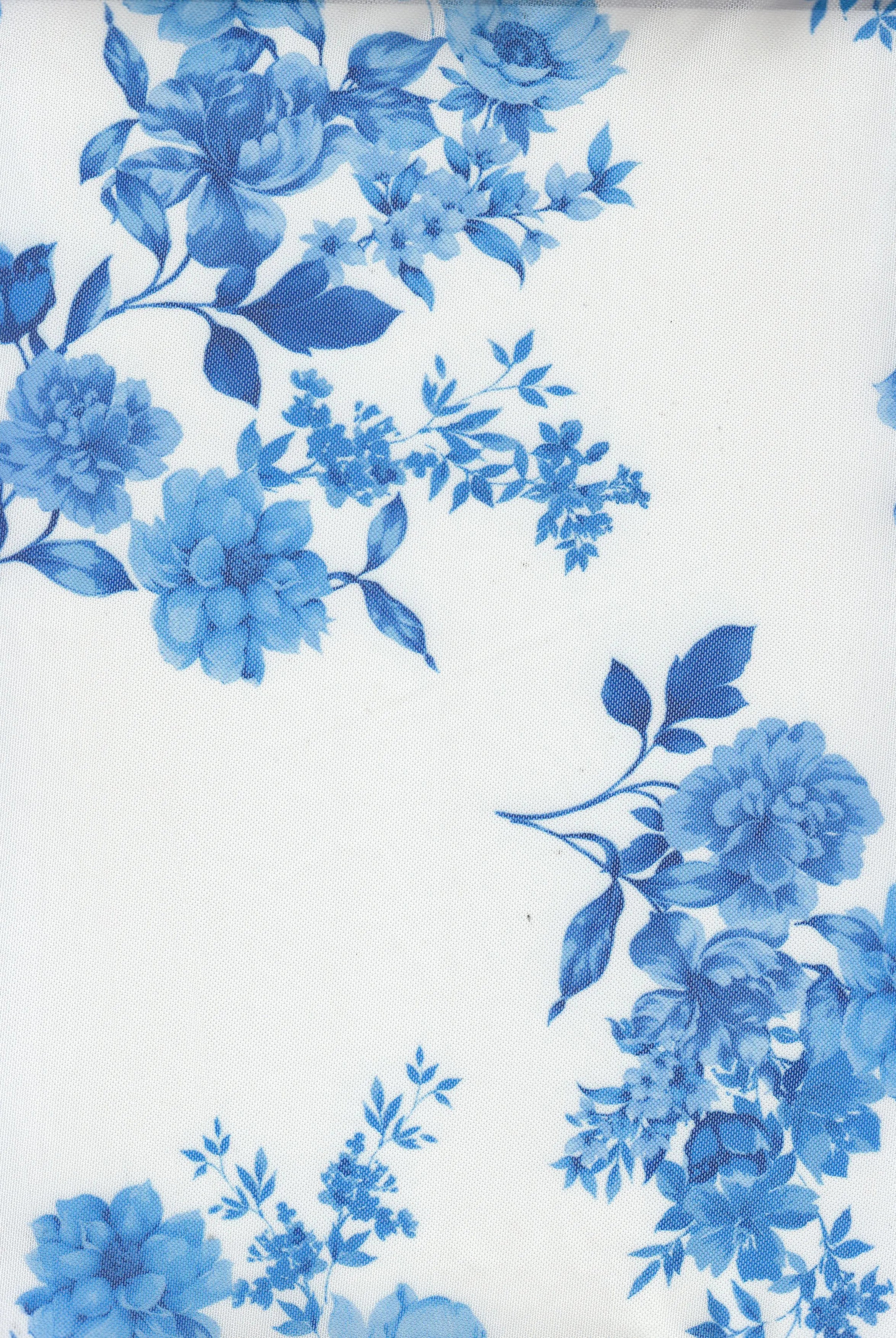 MESH-MS11422 IVORY/BLUE BLOUSE DIGITAL PRINT DRESS FLOCKING FLORAL FLOWER LOUNGEWEAR MESH POLYESTER SPANDEX STRETCH TOPS