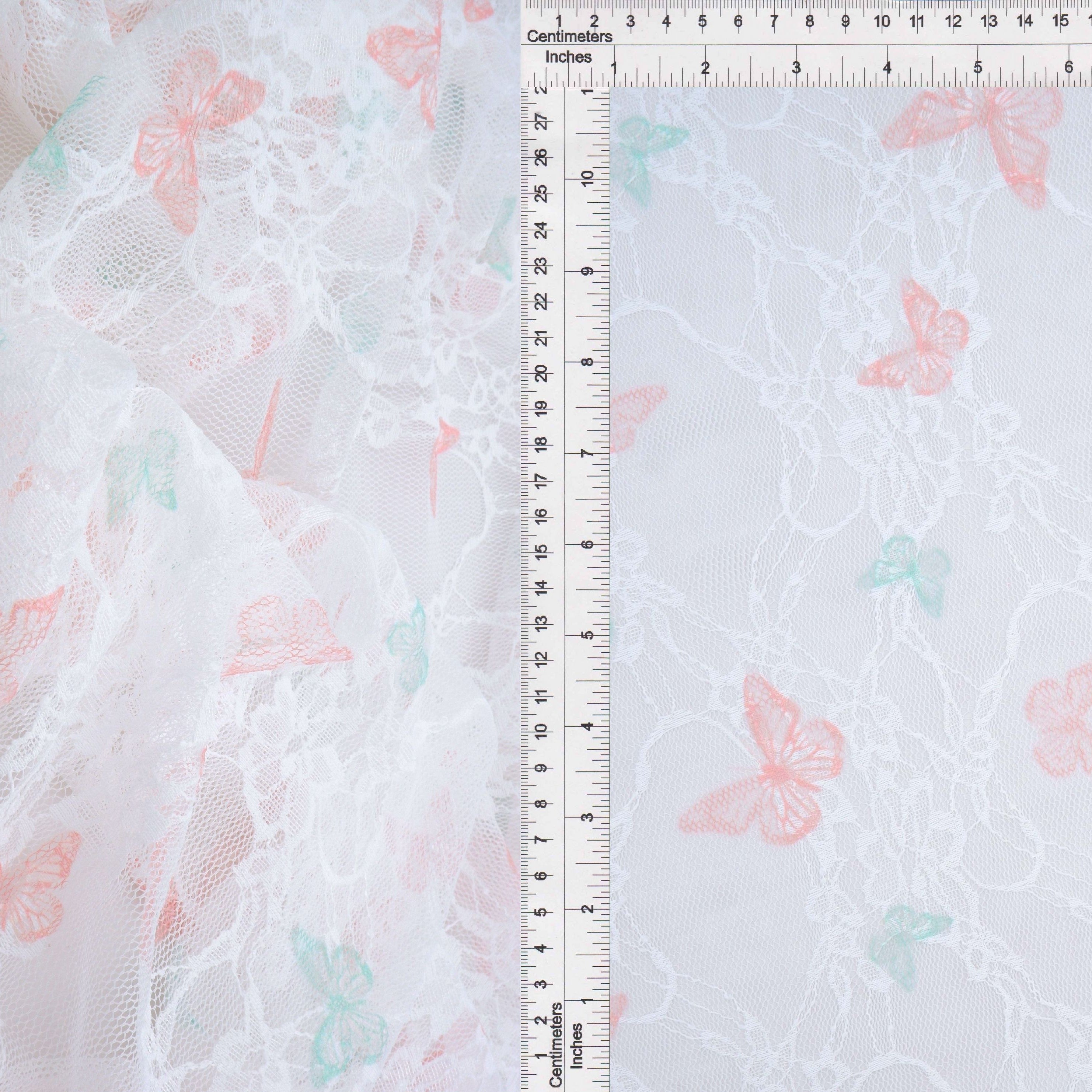 LACE1483-M11481 IVORY/PEACH BLOUSE BOTTOMS BUTTERFLY DIGITAL PRINT DRESS LACE PANTS POLYESTER SKIRTS SPANDEX TOPS