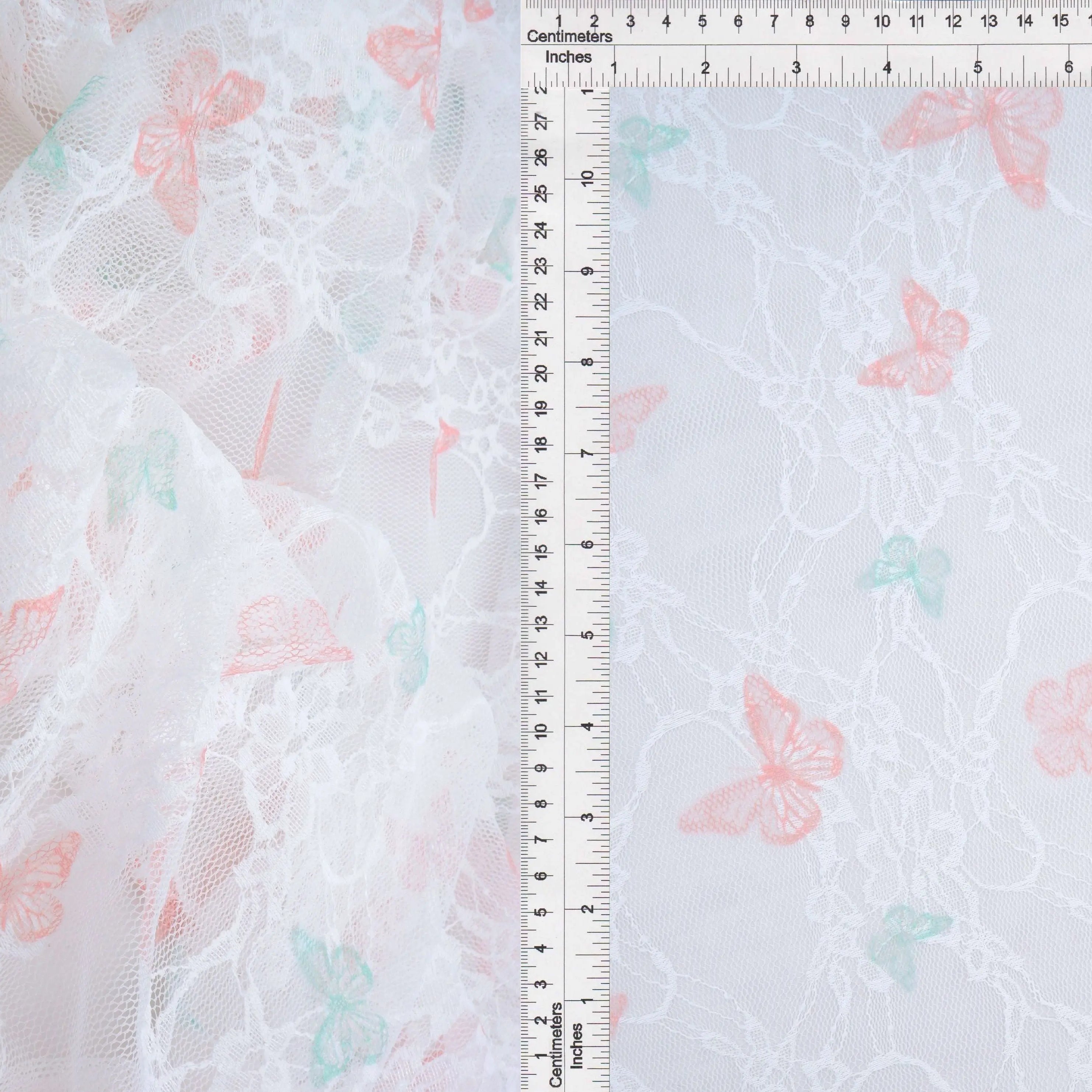 LACE1483-M11481 IVORY/PEACH BLOUSE BOTTOMS BUTTERFLY DIGITAL PRINT DRESS LACE PANTS POLYESTER SKIRTS SPANDEX TOPS