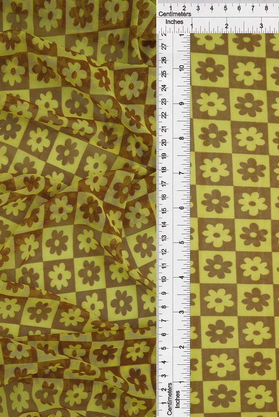 MESH-MS10017 YELLOW FLOWER BLOUSE BODYSUIT BROWN CAMI FLOCKING FLORAL GOLD LOUNGEWEAR MESH POLYESTER PRINT SPANDEX STRETCH TOPS TUNICS
