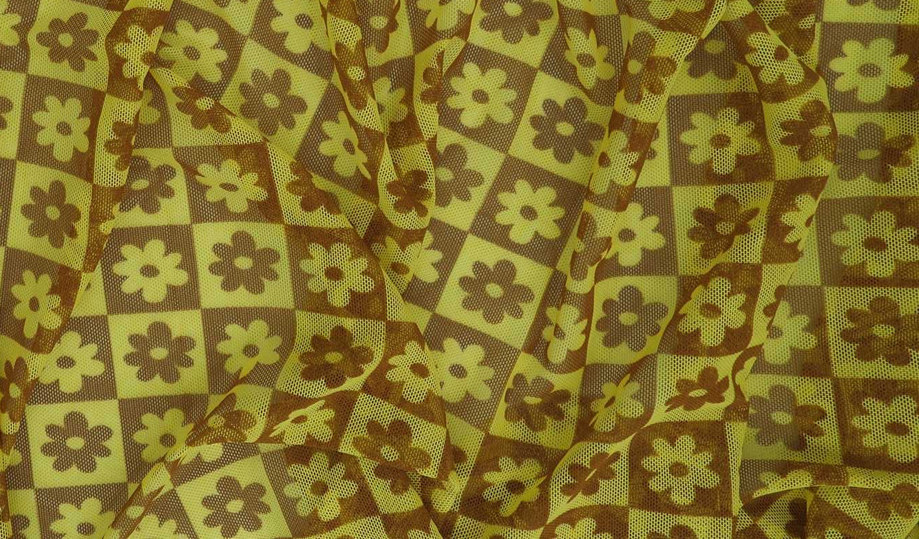 MESH-MS10017 YELLOW FLOWER BLOUSE BODYSUIT BROWN CAMI FLOCKING FLORAL GOLD LOUNGEWEAR MESH POLYESTER PRINT SPANDEX STRETCH TOPS TUNICS