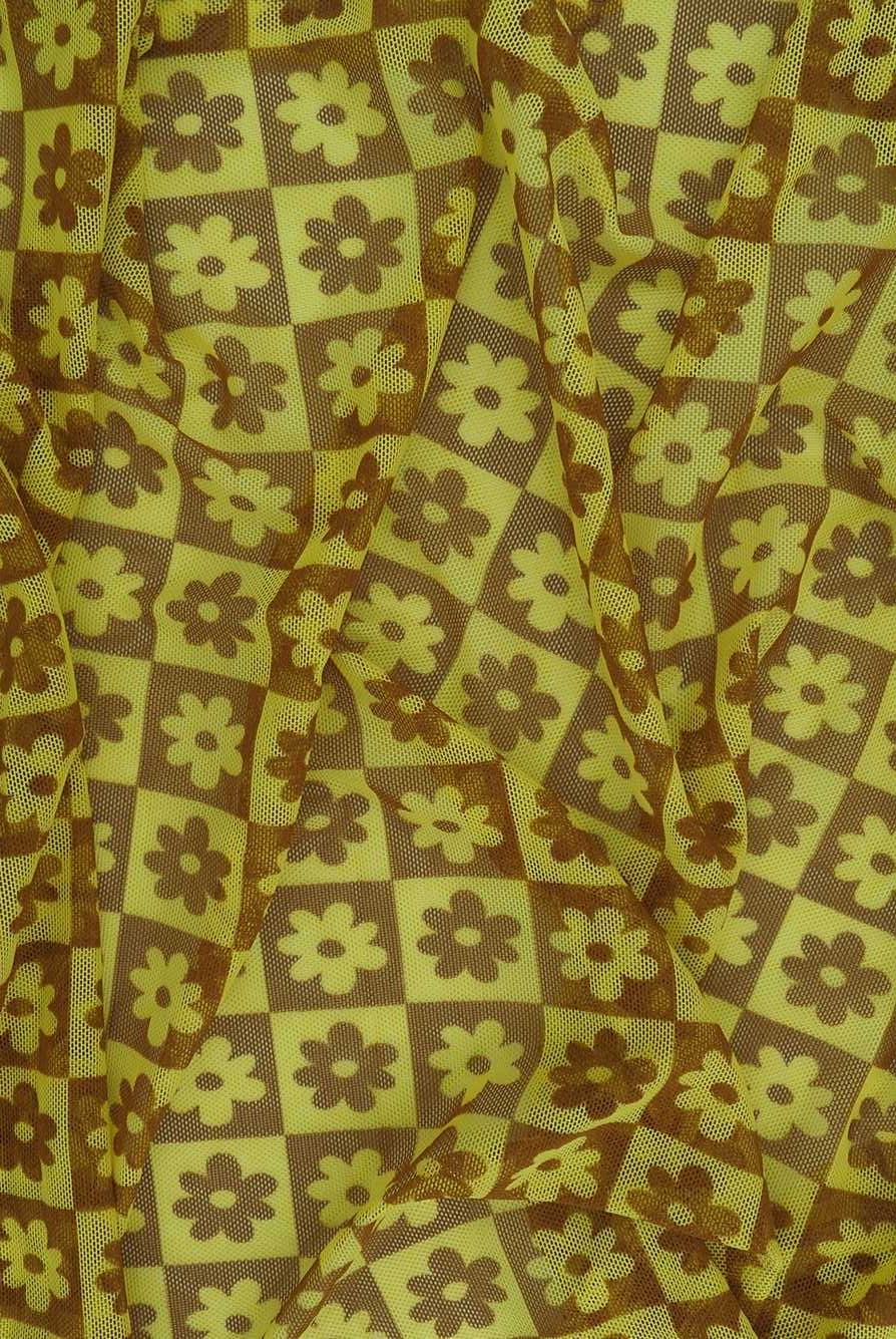 MESH-MS10017 YELLOW FLOWER BLOUSE BODYSUIT BROWN CAMI FLOCKING FLORAL GOLD LOUNGEWEAR MESH POLYESTER PRINT SPANDEX STRETCH TOPS TUNICS