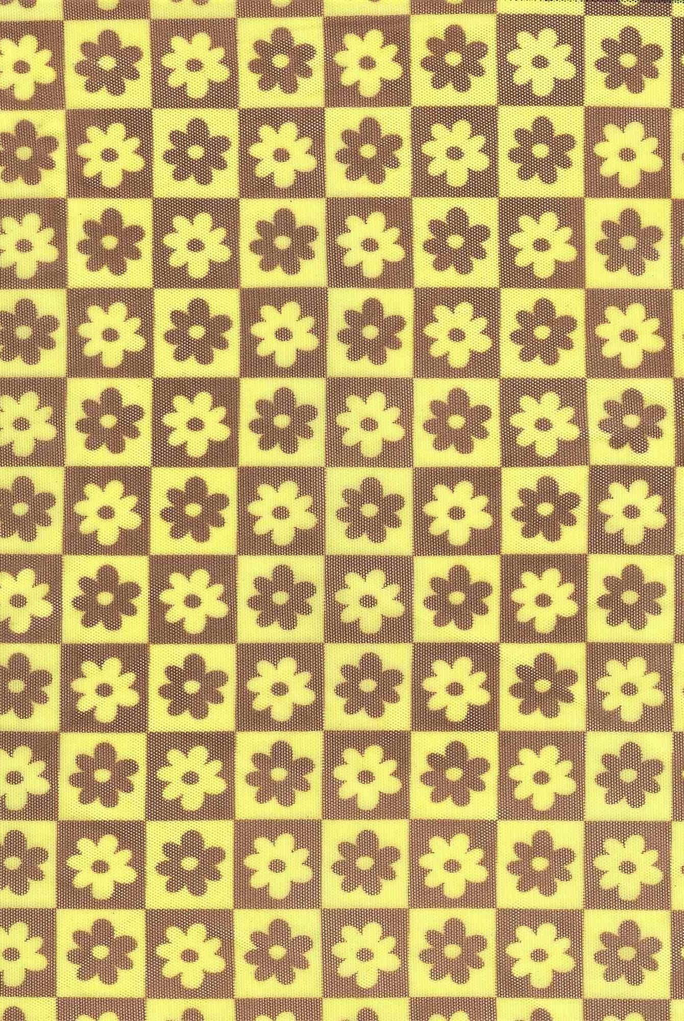 MESH-MS10017 YELLOW FLOWER BLOUSE BODYSUIT BROWN CAMI FLOCKING FLORAL GOLD LOUNGEWEAR MESH POLYESTER PRINT SPANDEX STRETCH TOPS TUNICS