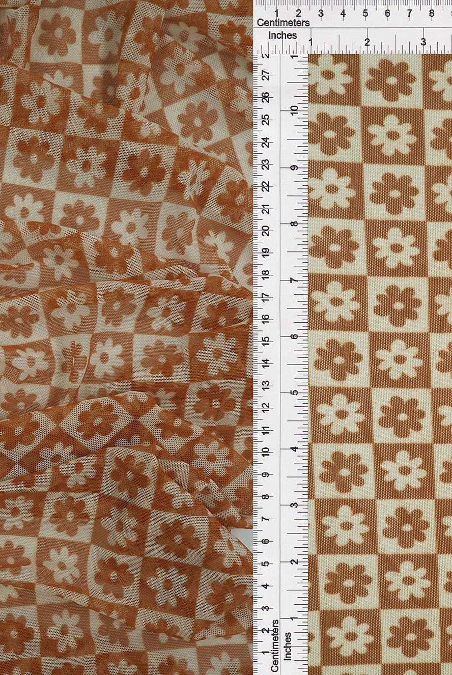 MESH-MS10017 CAMEL FLOWER BLOUSE BODYSUIT BROWN CAMI FLOCKING FLORAL GOLD LOUNGEWEAR MESH POLYESTER PRINT SPANDEX STRETCH TOPS TUNICS WHITE