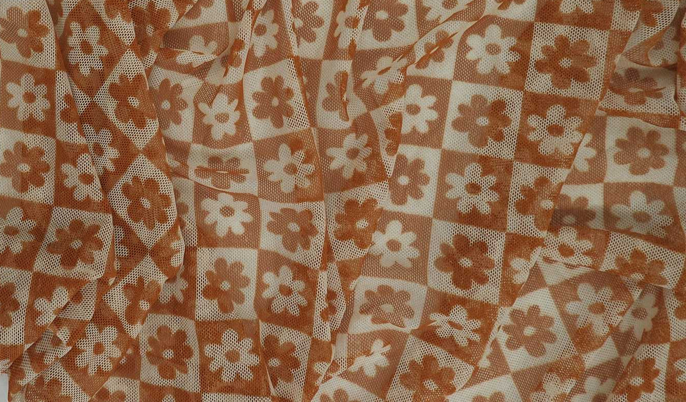 MESH-MS10017 CAMEL FLOWER BLOUSE BODYSUIT BROWN CAMI FLOCKING FLORAL GOLD LOUNGEWEAR MESH POLYESTER PRINT SPANDEX STRETCH TOPS TUNICS WHITE