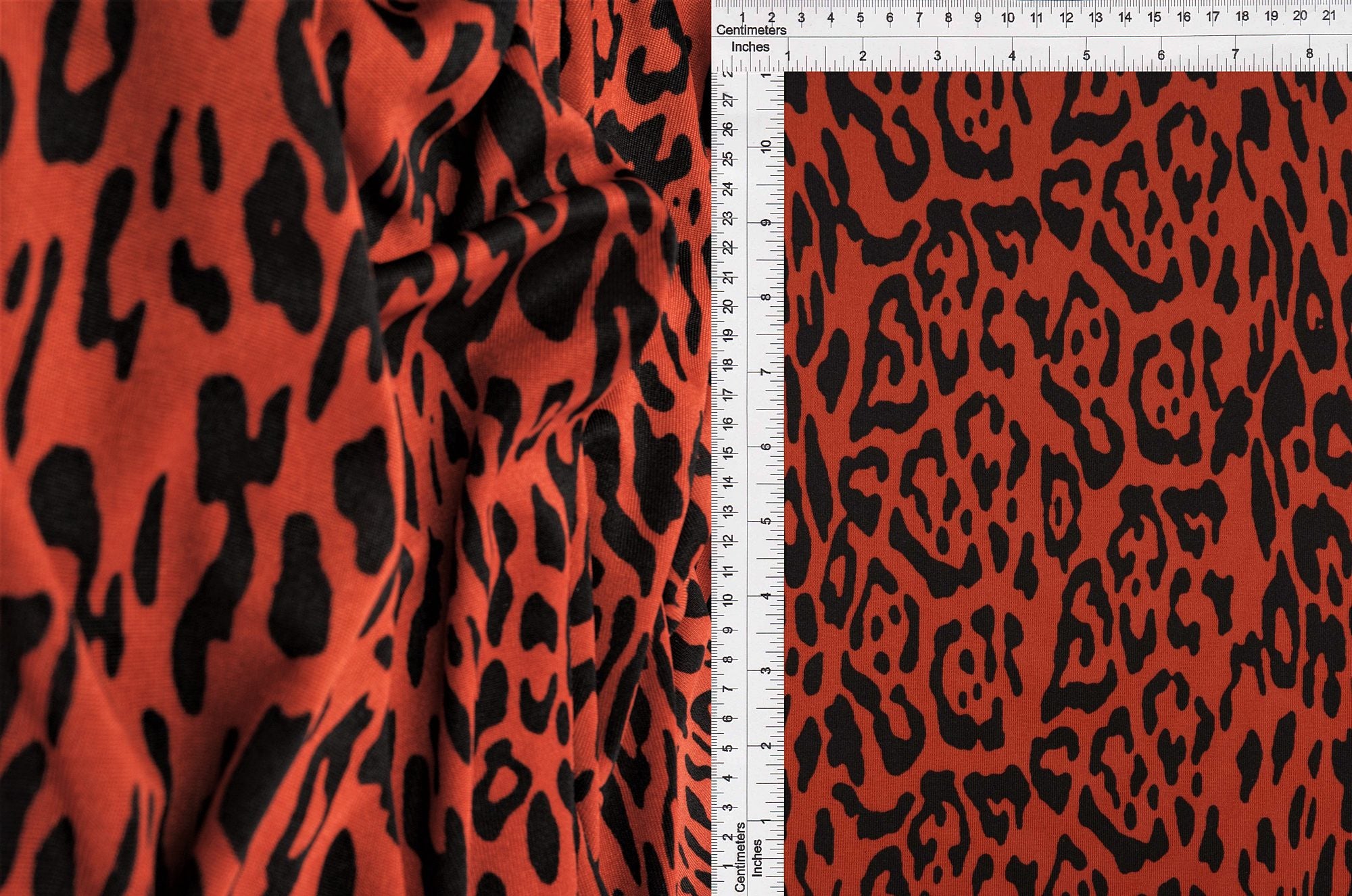 KNT3963-SE90664 RUST ANIMAL BLACK BLOUSE BODYSUIT BOTTOMS CAMI CHEETAH DRESS KNIT LOUNGEWEAR POLYESTER PRINT RED SPANDEX STRETCH TOPS