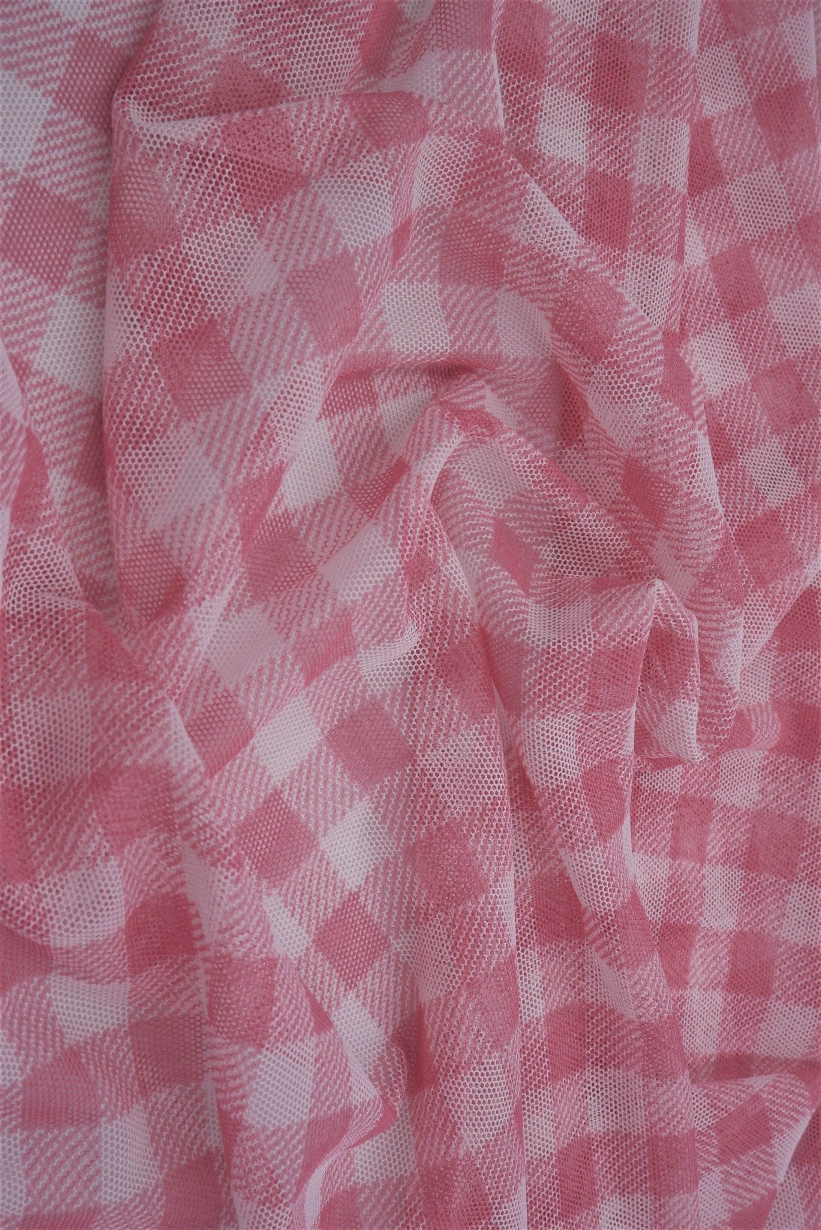 MESH-DU1755 PINK/IVORY BLOUSE BODYSUIT CAMI CHECKERED FLOCKING GINGHAM LOUNGEWEAR MESH PLAID POLYESTER PRINT SPANDEX STRETCH TOPS TUNICS