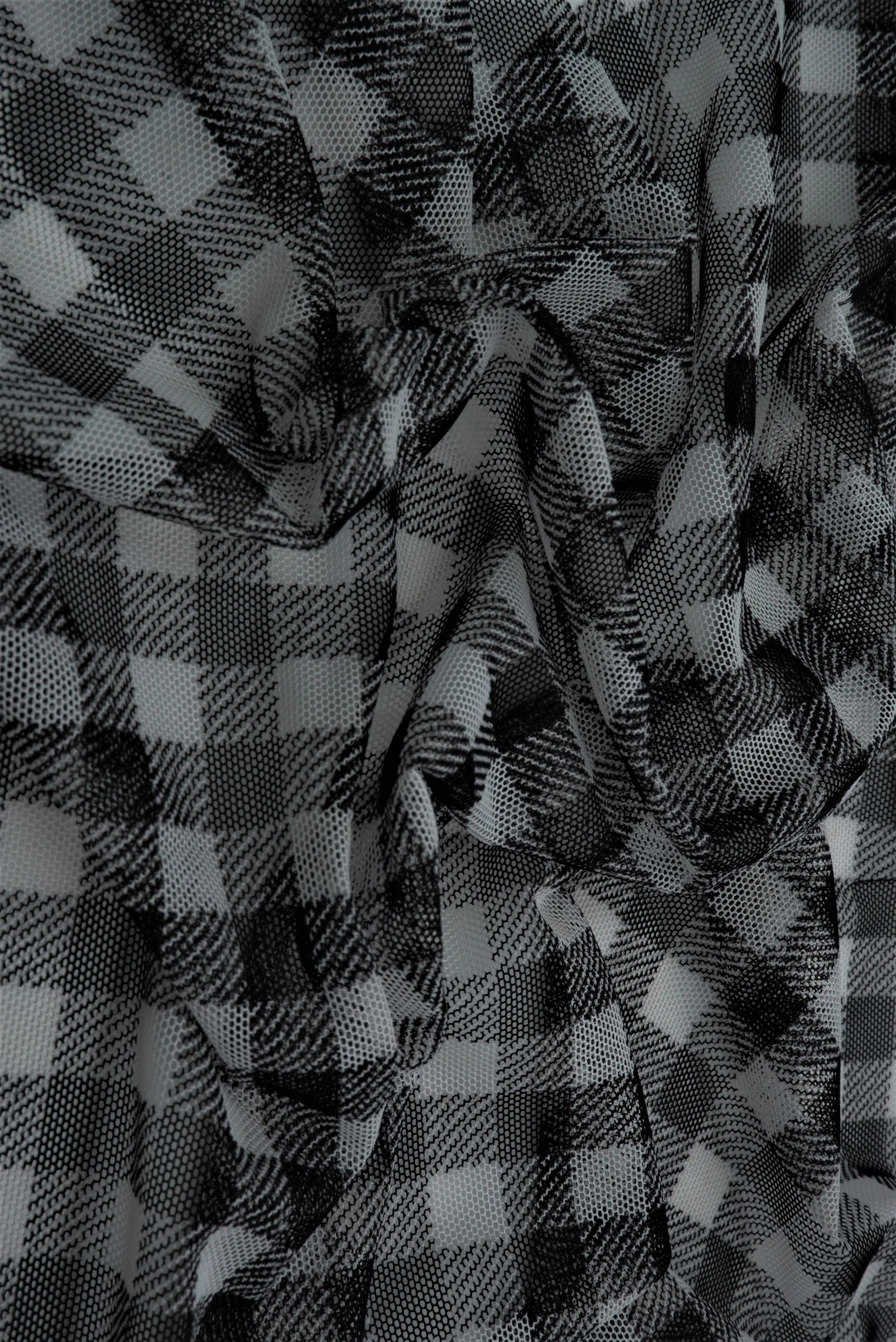 MESH-DU1755 BLK/IVORY BLOUSE BODYSUIT CAMI CHECKERED FLOCKING GINGHAM LOUNGEWEAR MESH PLAID POLYESTER PRINT SPANDEX STRETCH TOPS TUNICS