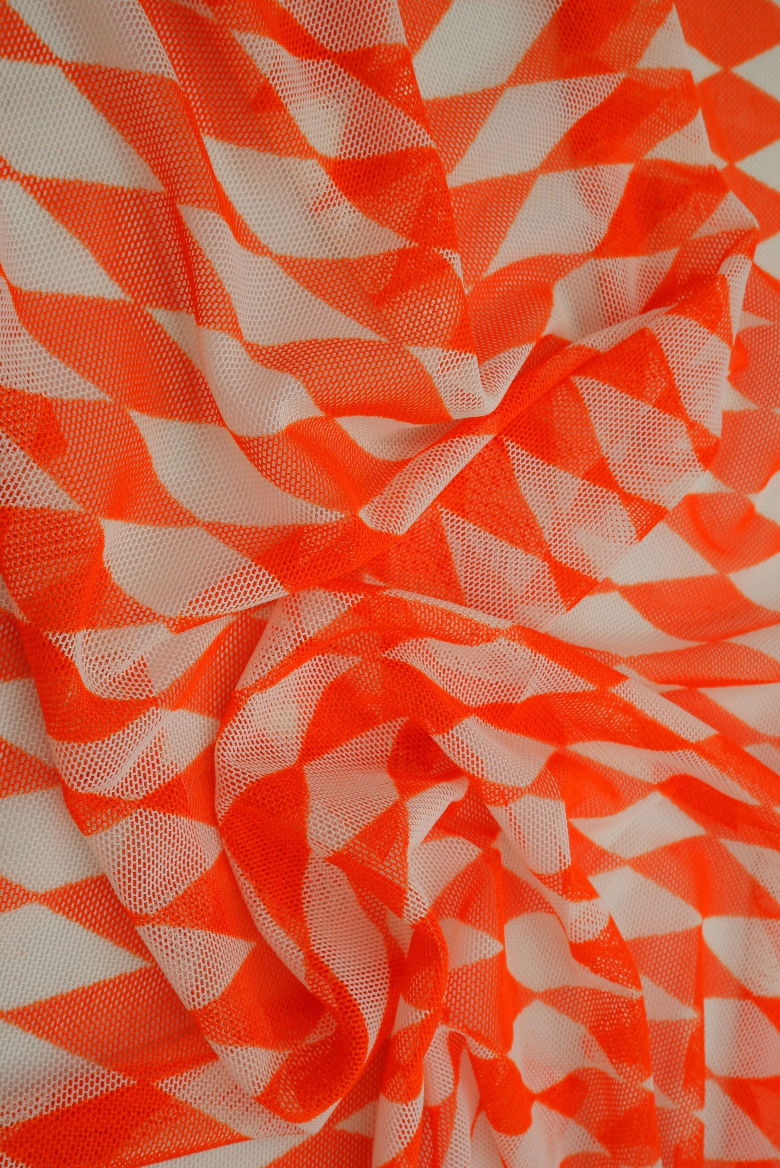 MESH-Q20216 ORANGE/WHITE BLOUSE BODYSUIT CAMI FLOCKING GEOMETRIC LOUNGEWEAR MESH POLYESTER PRINT RETRO SPANDEX STRETCH TOPS TUNICS