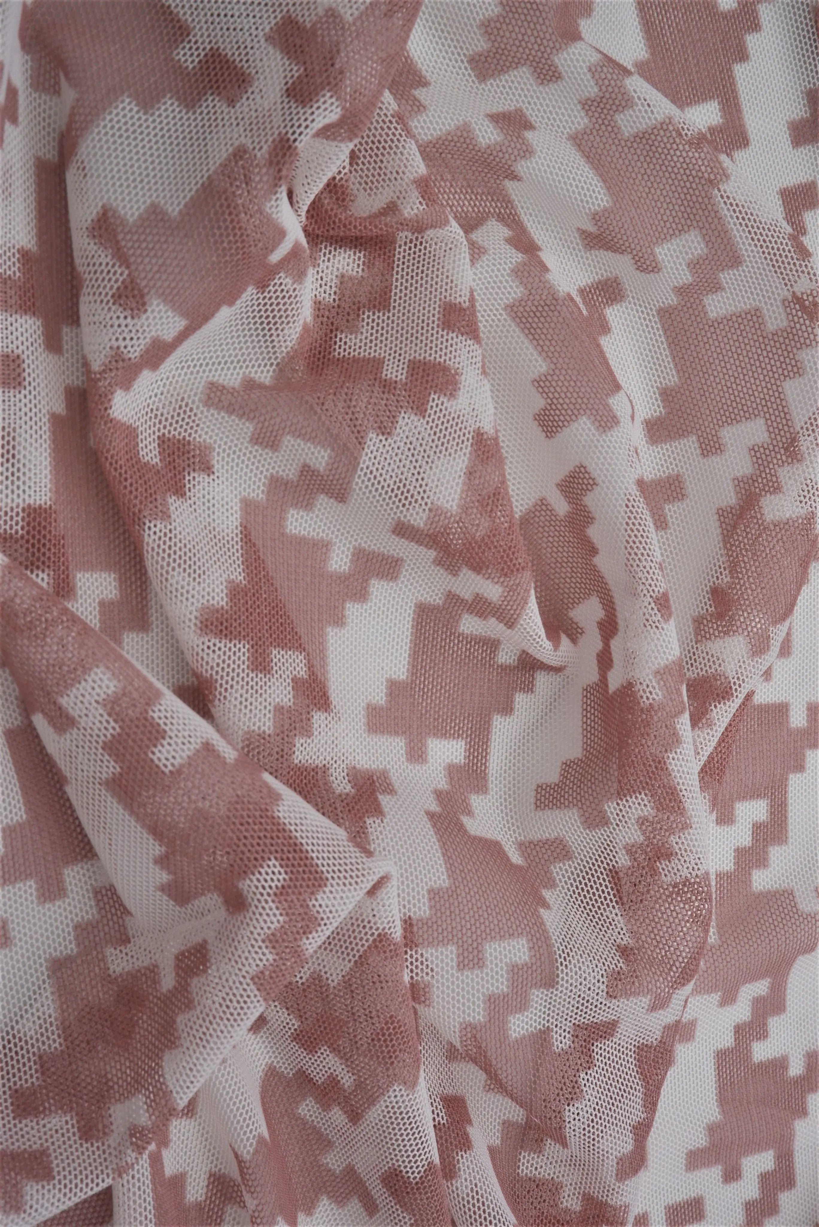 MESH-DU489 CLAY/IVORY BLOUSE BODYSUIT CAMI FLOCKING HOUNDSTOOTH LOUNGEWEAR MESH POLYESTER PRINT SPANDEX STRETCH TOPS TUNICS