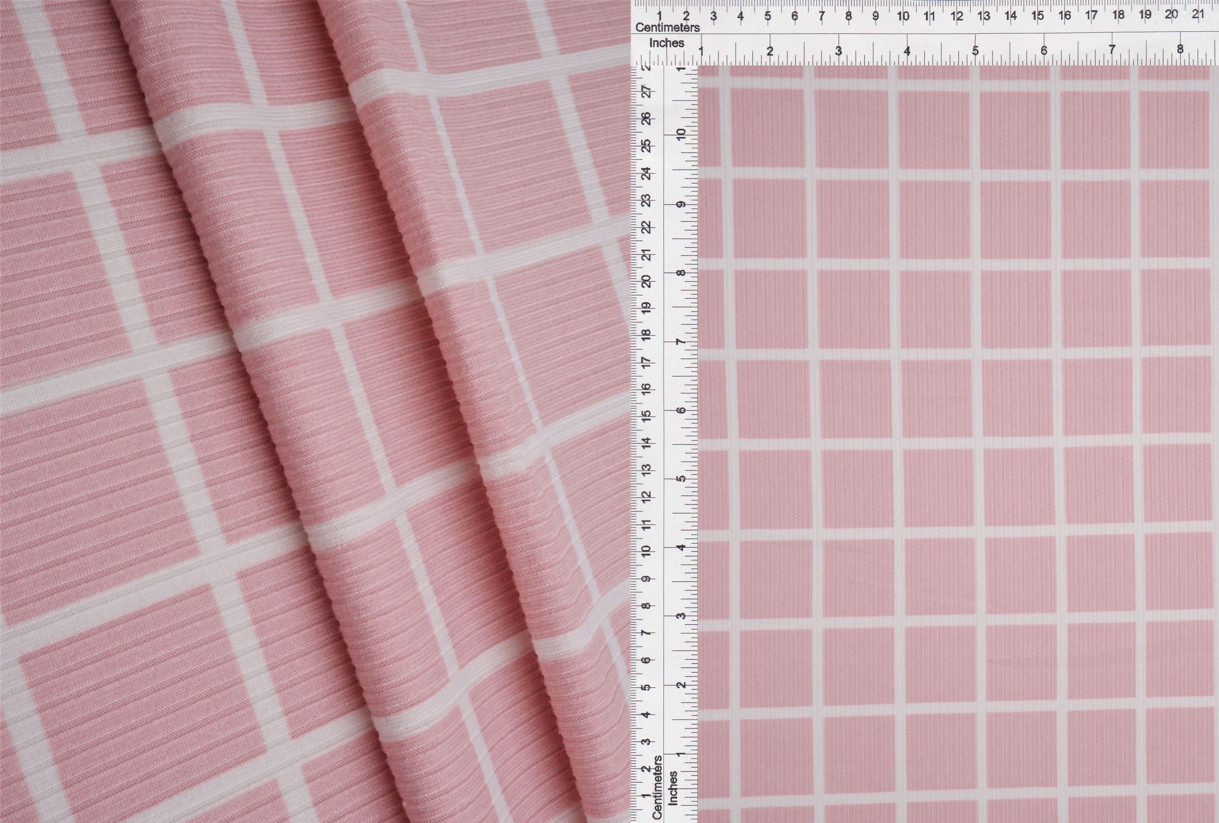 KNT3422-Q20118 PINK/IVORY BLOUSE BOTTOMS CHECKERED DRESS KNIT LOUNGEWEAR PINK PLAID POLYESTER PRINT-B RIBBED SPANDEX STRETCH TOPS WHITE WINDOW PANE