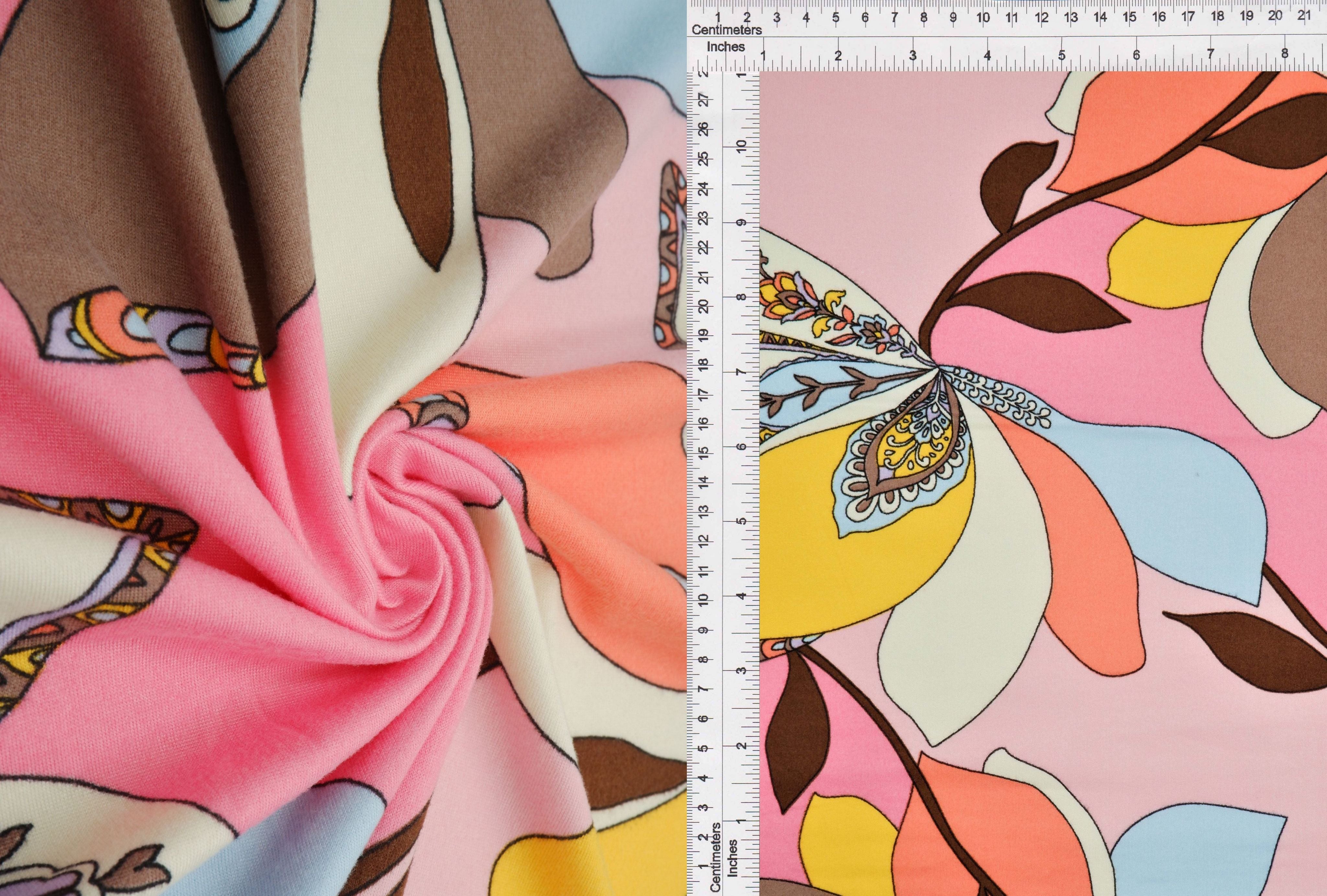 KNT2100-Q81108 PINK YELLOW BIKER SHORTS BLOUSE BODYSUIT BOTTOMS CAMI DRESS DTY BRUSHED FLORAL FLOWER KNIT POLYESTER PRINT SPANDEX STRETCH