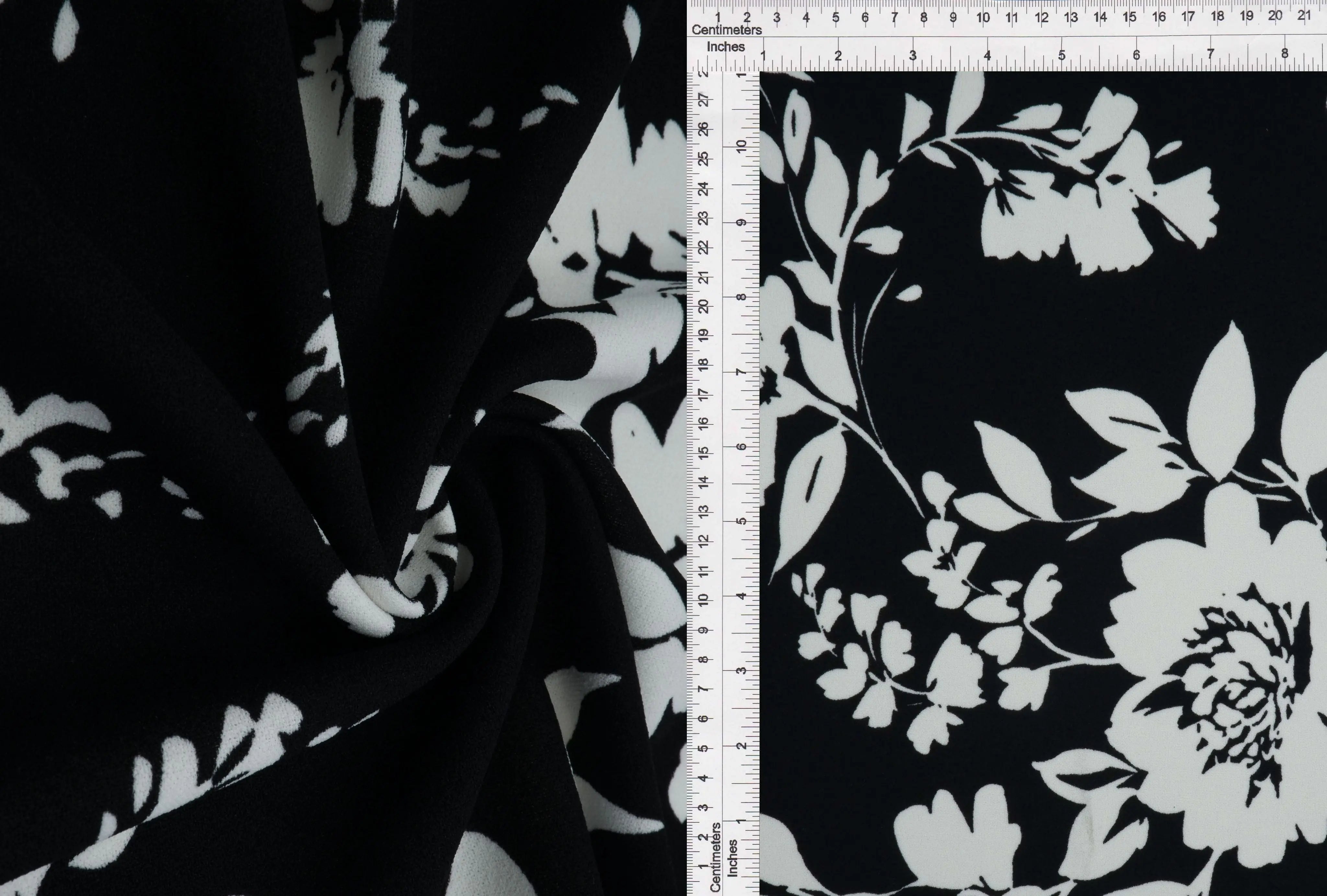 KNT3971-Q11028 BLK/WHT BLACK BLOUSE DRESS FLORAL FLOWER KNIT POLYESTER PRINT SKIRTS SPANDEX STRETCH TOPS WHITE