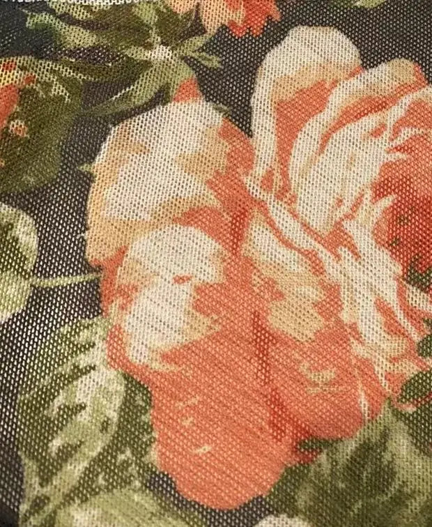 MESH-SE40661 CHARCOAL BLOUSE BODYSUIT CAMI DIGITAL PRINT FLOCKING FLORAL FLOWER LOUNGEWEAR MESH POLYESTER SPANDEX STRETCH TOPS TUNICS