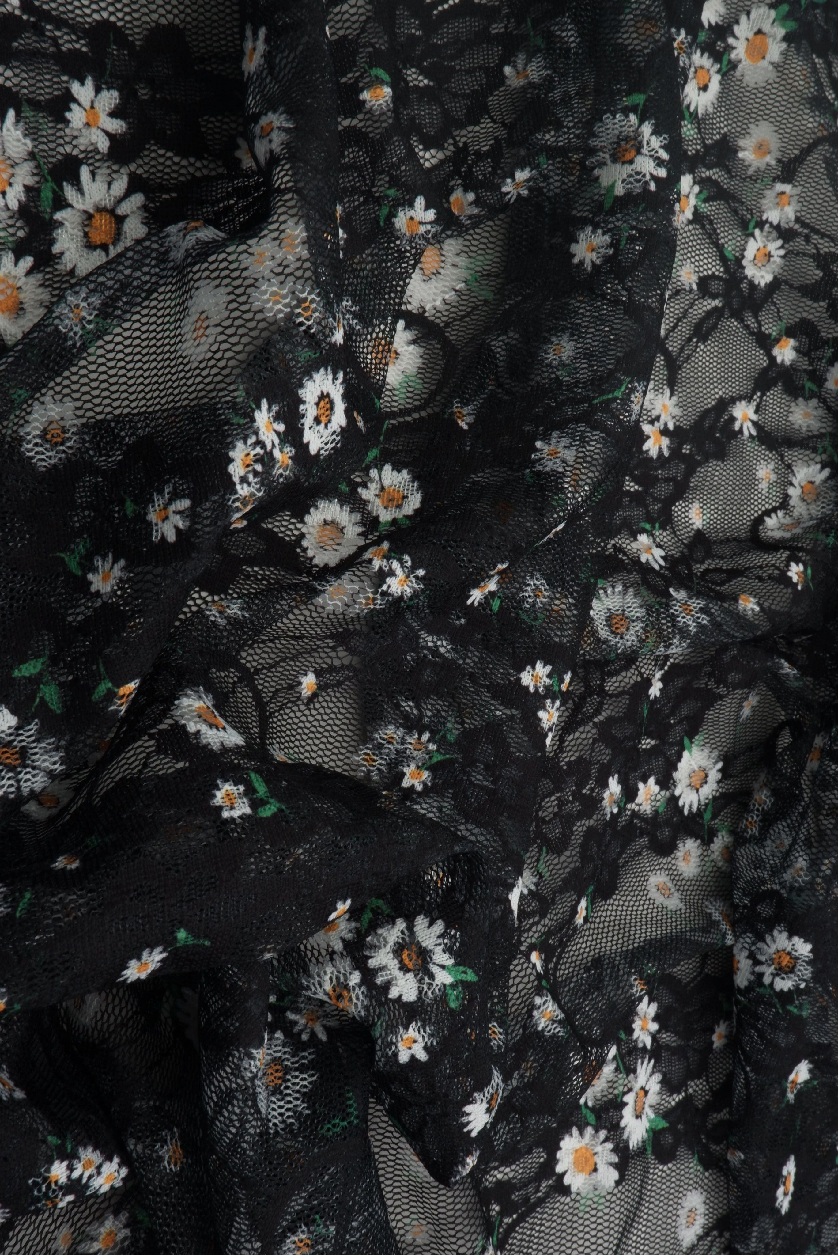 LACE1483-M11018 BLACK BLOUSE BOTTOMS DAISY FLOWER DIGITAL PRINT DRESS LACE PANTS POLYESTER SKIRTS SPANDEX TOPS
