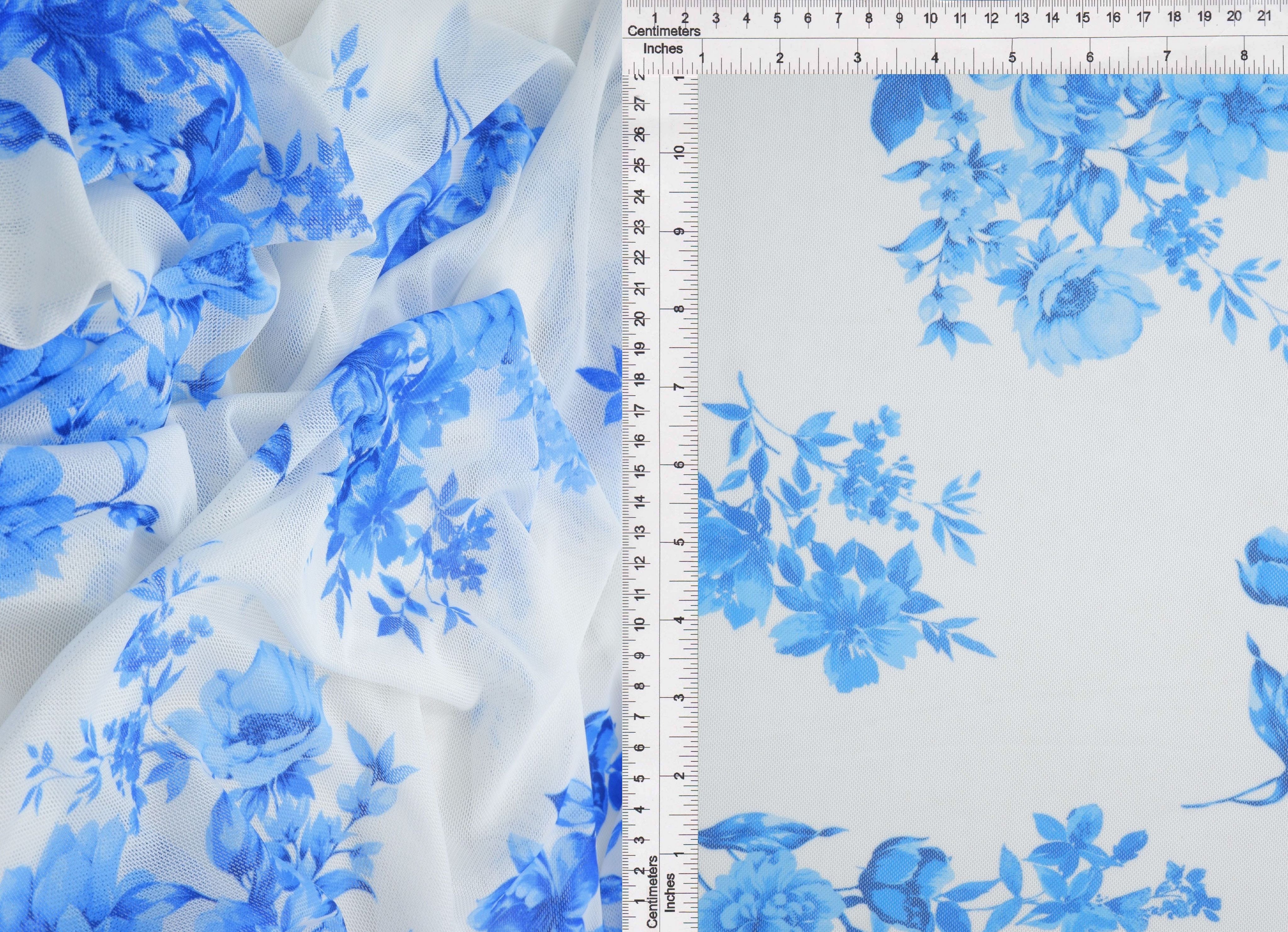 MESH-MS11422 IVORY/BLUE BLOUSE DIGITAL PRINT DRESS FLOCKING FLORAL FLOWER LOUNGEWEAR MESH POLYESTER SPANDEX STRETCH TOPS