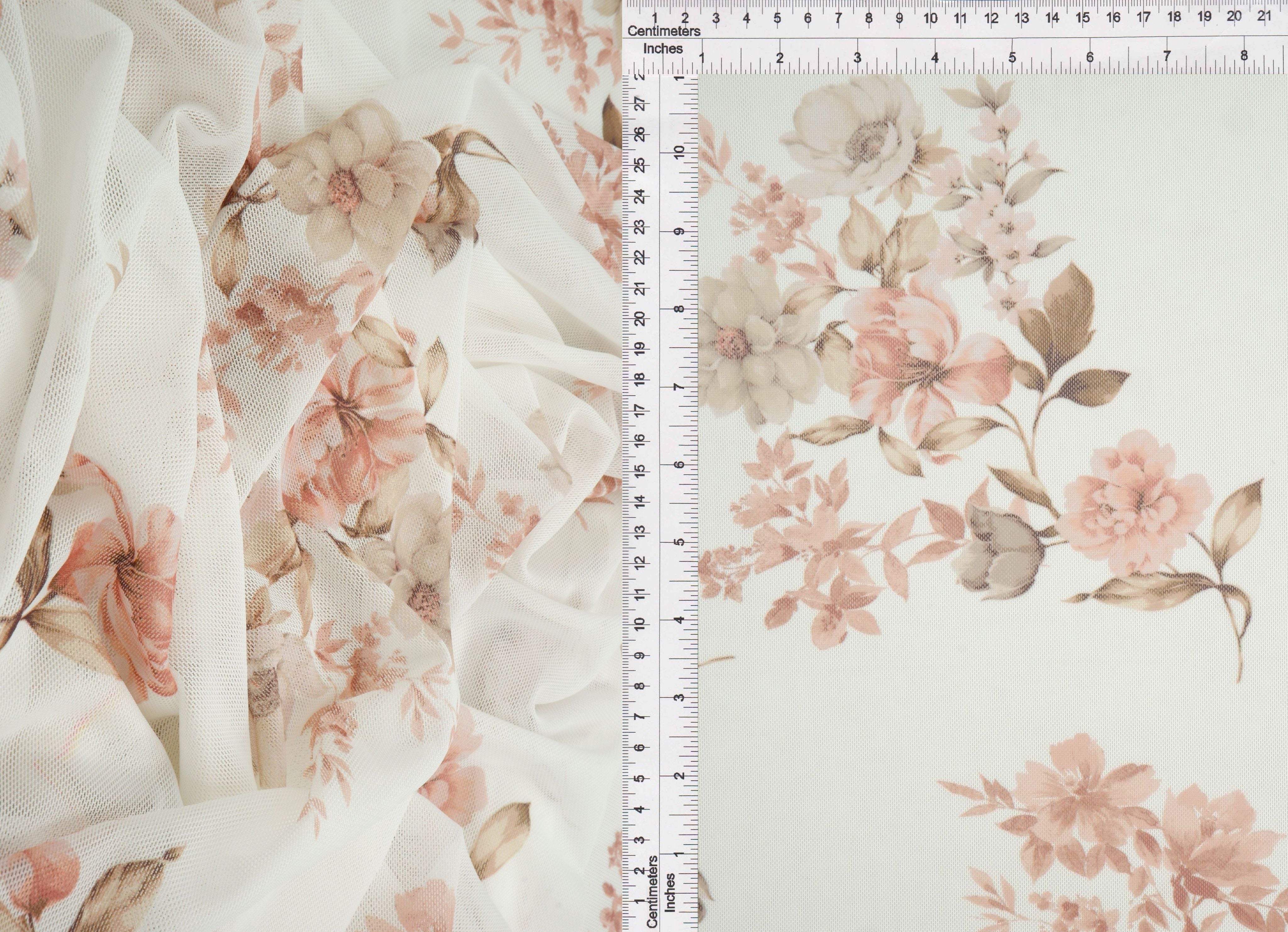 MESH-MS11422 IVORY/COCO BLOUSE DIGITAL PRINT DRESS FLOCKING FLORAL FLOWER LOUNGEWEAR MESH POLYESTER SPANDEX STRETCH TOPS