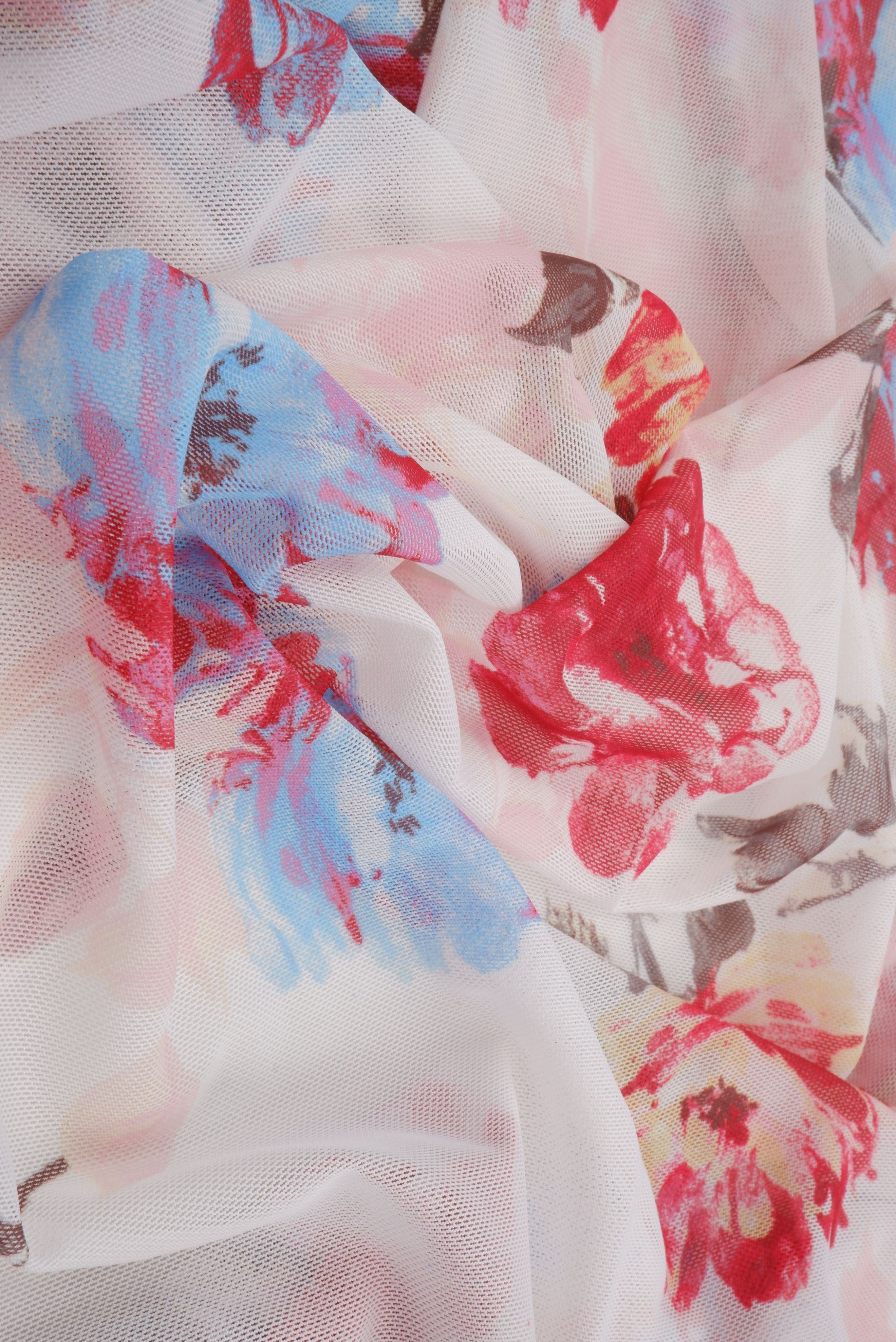 MESH-MS11423 IVORY/RED BLOUSE BODYSUIT CAMI DIGITAL PRINT FLOCKING FLORAL FLOWER LOUNGEWEAR MESH POLYESTER SPANDEX STRETCH TOPS TUNICS