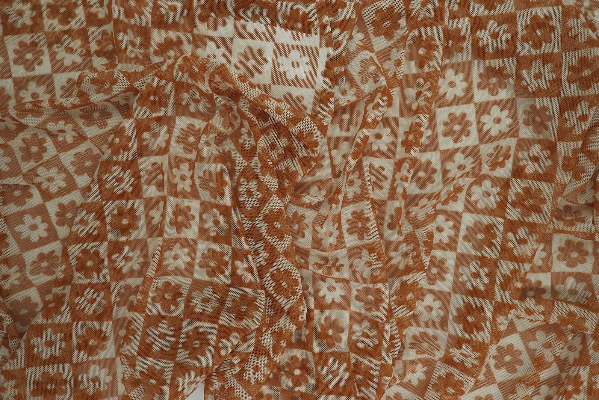 MESH-MS10017 CAMEL FLOWER BLOUSE BODYSUIT BROWN CAMI FLOCKING FLORAL GOLD LOUNGEWEAR MESH POLYESTER PRINT SPANDEX STRETCH TOPS TUNICS WHITE